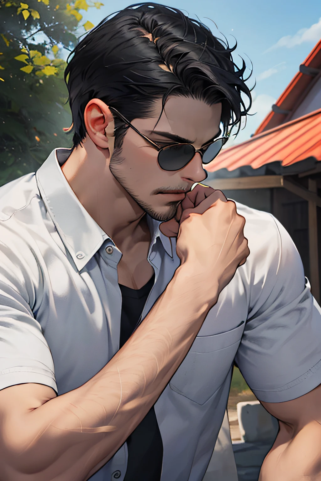 Lifelike，（The Masterpiece，Top quality，best qulity，officlal art），greatly detailed，Colorful，Most detailed，God，shorter hair，black color hair，Handsome man，gargantilha，short sleeve，outskirts，sun glasses