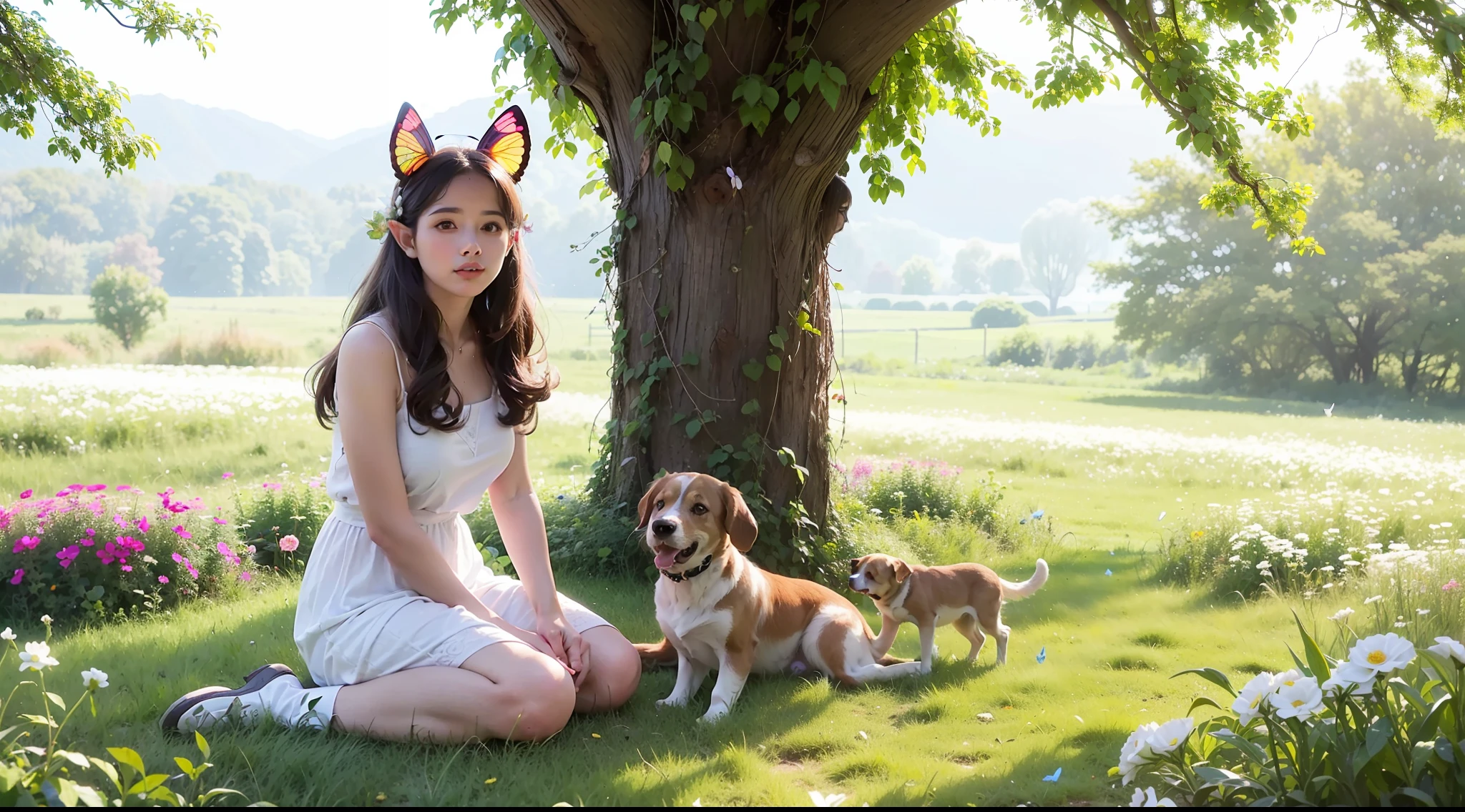 (obra maestra, mejor calidad), 1 elf girl with long white hair sitting in a field of green plants and flowers, ((mariposas multicolores)), con la mano debajo de la barbilla, warm lighting, vestido blanco, primer plano borroso, ((perro color canela detras de la escena))