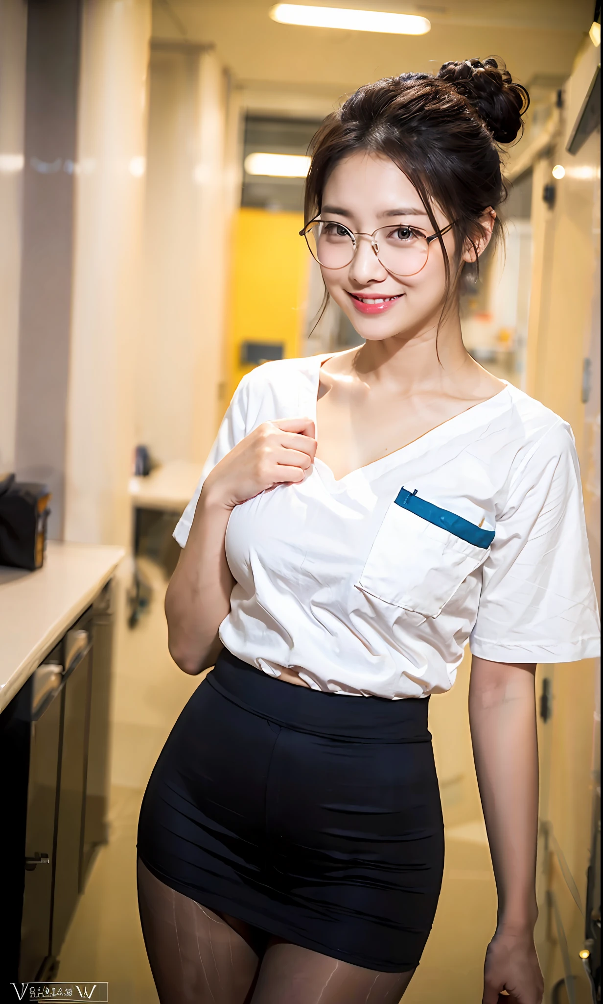 Ulzzang-6500-v1.1,(OriginalPhotographs:1.2), (Photorealistic:1.4), beautiful detailedgirl, beautifull eyes,best qulity,nurse,Tight T-shirt,8k wallpapers,cinematic lighting, (half-body),blackstockings, lady, bigger breast miko skirt,White nurse costume,bespectacled,updo hair,Smile with,Cutes,In the hospital,Wear less