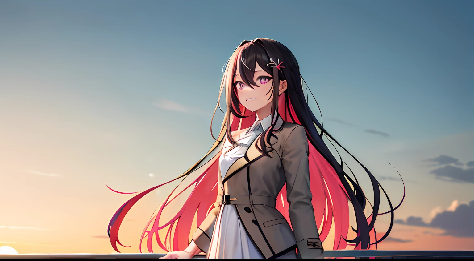 masterpeace, best quality, highres, 1girl, solo, multicolored hair, pink hair, purple eyes, black hair, dress, colored inner hair, hair between eyes, white dress, brown jacket, two-tone hair, jewelry, long sleeves, x hair ornament, bangs, bracelet, very long hair, streaked hair, hairclip, standing, cowboy shot, smile, street, look at sky, sunset, school terrace,