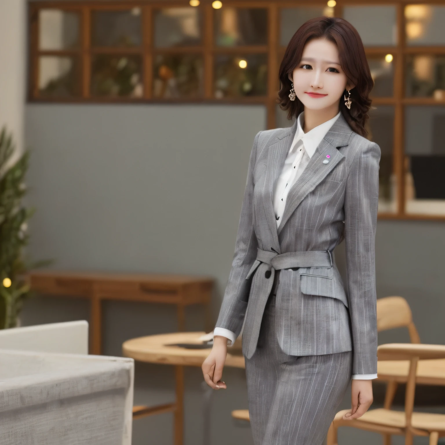 (best qulity,8k,32k,The Masterpiece,UHD:1.2),1girls,Beautiful Japan woman,Narrow waist,grey suit,Open jacket,Office lady,Business suit,trouser,from back,the office,Desk,(Stick out your buttocks:1.2),Detailed face,shorter hair,bashful --auto