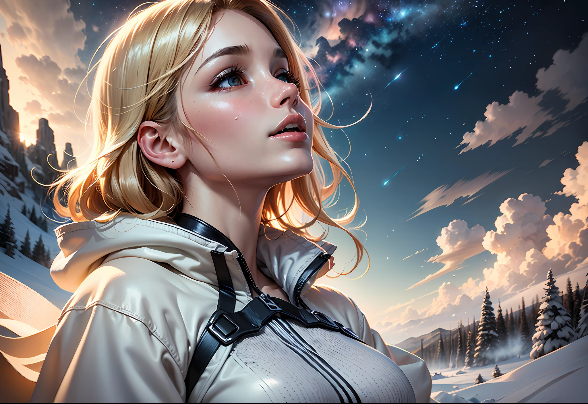 (award winning 64k concept art:1.3) of (young woman looking up:1.2), in white coat, sweet, front, epic, god rays, (masterpiece:1.4), (best quality:1.4), Amazing, highly detailed, beautiful, finely detailed, warm soft color grading, (Depth of field:1.4), extremely detailed 64k, fine art, (valley in the background), stunning, (light reflections:1.2), (crisp:1.6), gold short curls, winter, vibrant, starry sky, (edge detection:1.4), absurdres, impressive, 120mm, extremely clear, lens flare, motion lines, symmetrical clothes, wide shot, wide angle