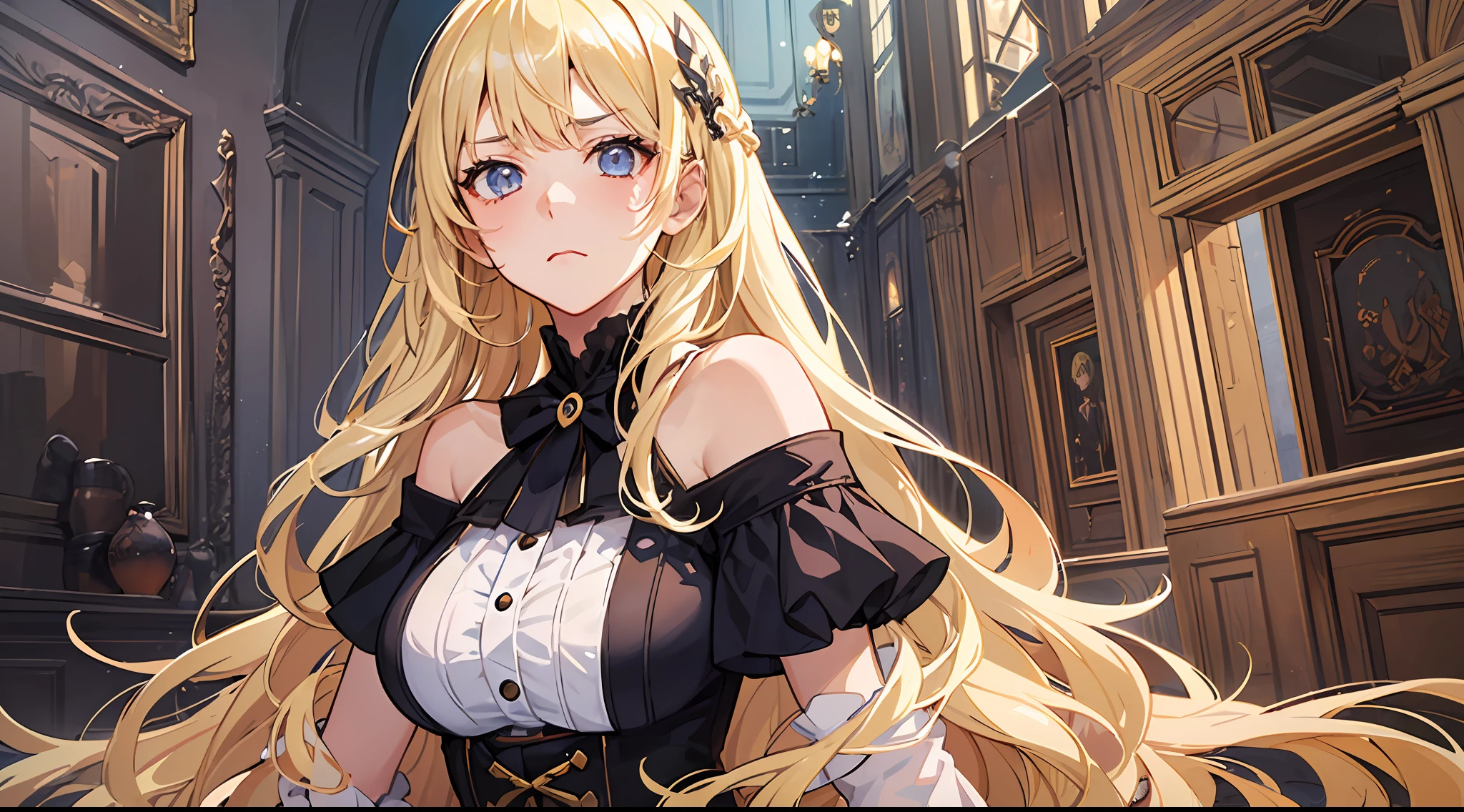 (Only 1 girl:2),(Long fluffy blonde hair:1.6),withe dress,Mature female,Royal sister,Rich and noble families,In the living room of the villa,It was dark,There is moonshine,There are lights in the living room,A mocking expression,disdain,frown,Ultra-detailed CG,exquisite facial features,Clear facial expressions,Detailed digital anime art,digital anime art,High quality anime art style