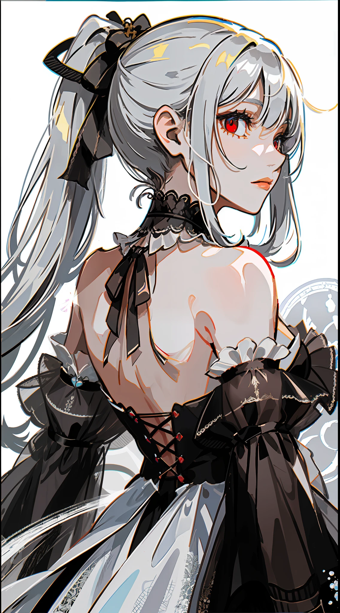 cropped torso upper body,High saturation,(((Futuristic assassins))),Perfect female body,Side ponytail,White hair,Red eyes,arms behind her back,Black collar,Black gauze dress,Red rose hair ornament,cartola preta,Expose the back,Stand sideways,Gothic_ta,((White background)),(((detailed manga illustration))),(((with their intricate details))),masterece-piece