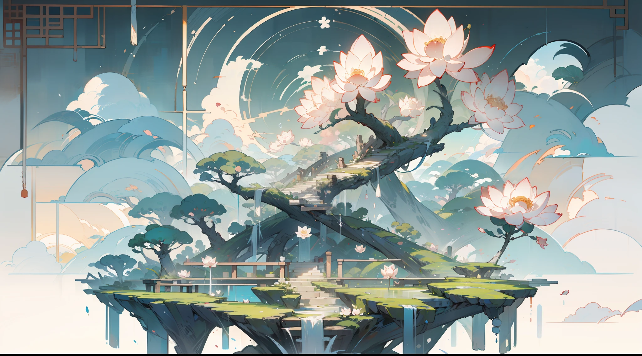 Antique game scene design,massive trees,florals,Lotus levitation table,a blue sky,white cloud,Chinese ink painting high angle angle OC rendering sculpture