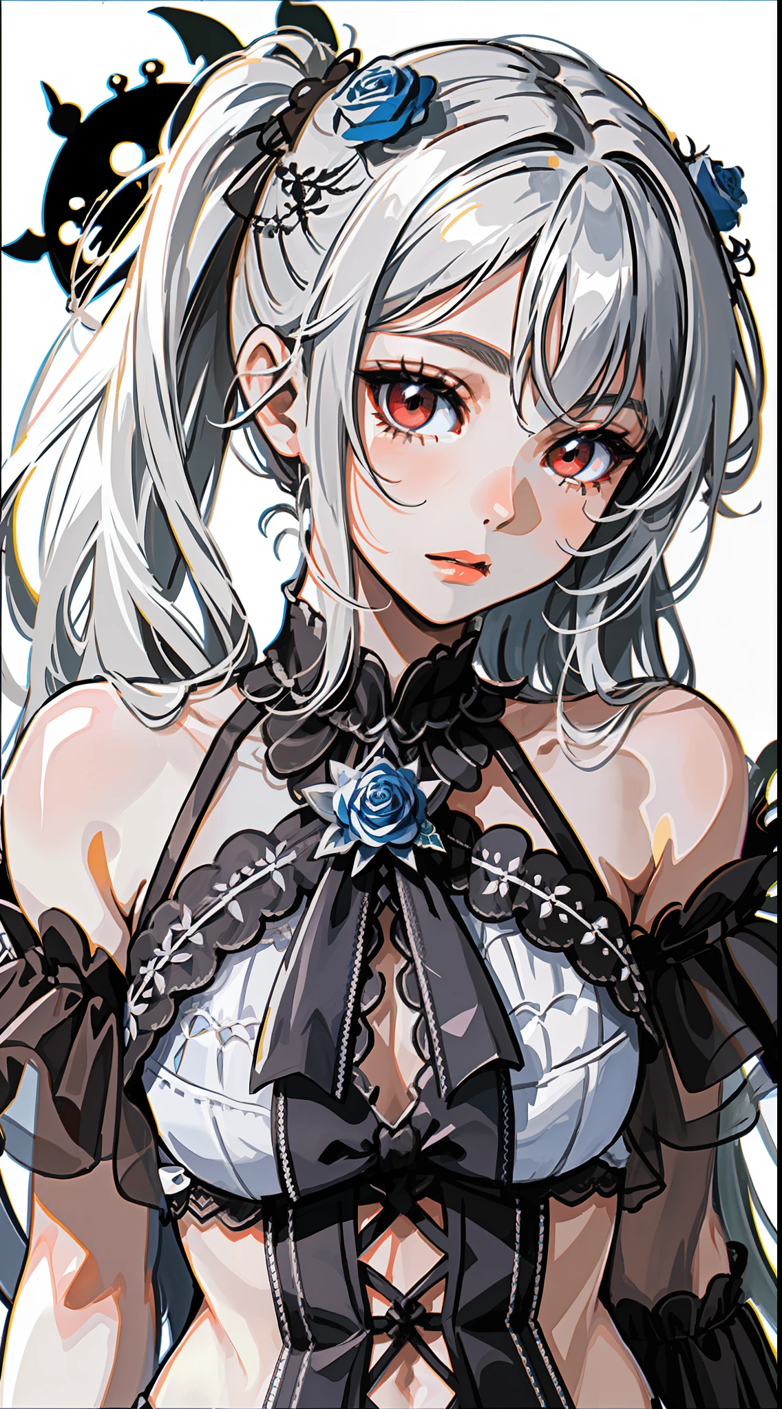 cropped torso upper body,High saturation,(((Futuristic assassins))),Perfect female body,Side ponytail,White hair,Red eyes,arms behind her back,Black collar,Black gauze dress,Red rose hair ornament,cartola preta,Expose the back,Stand sideways,Gothic_ta,((White background)),(((detailed manga illustration))),(((with their intricate details))),masterece-piece