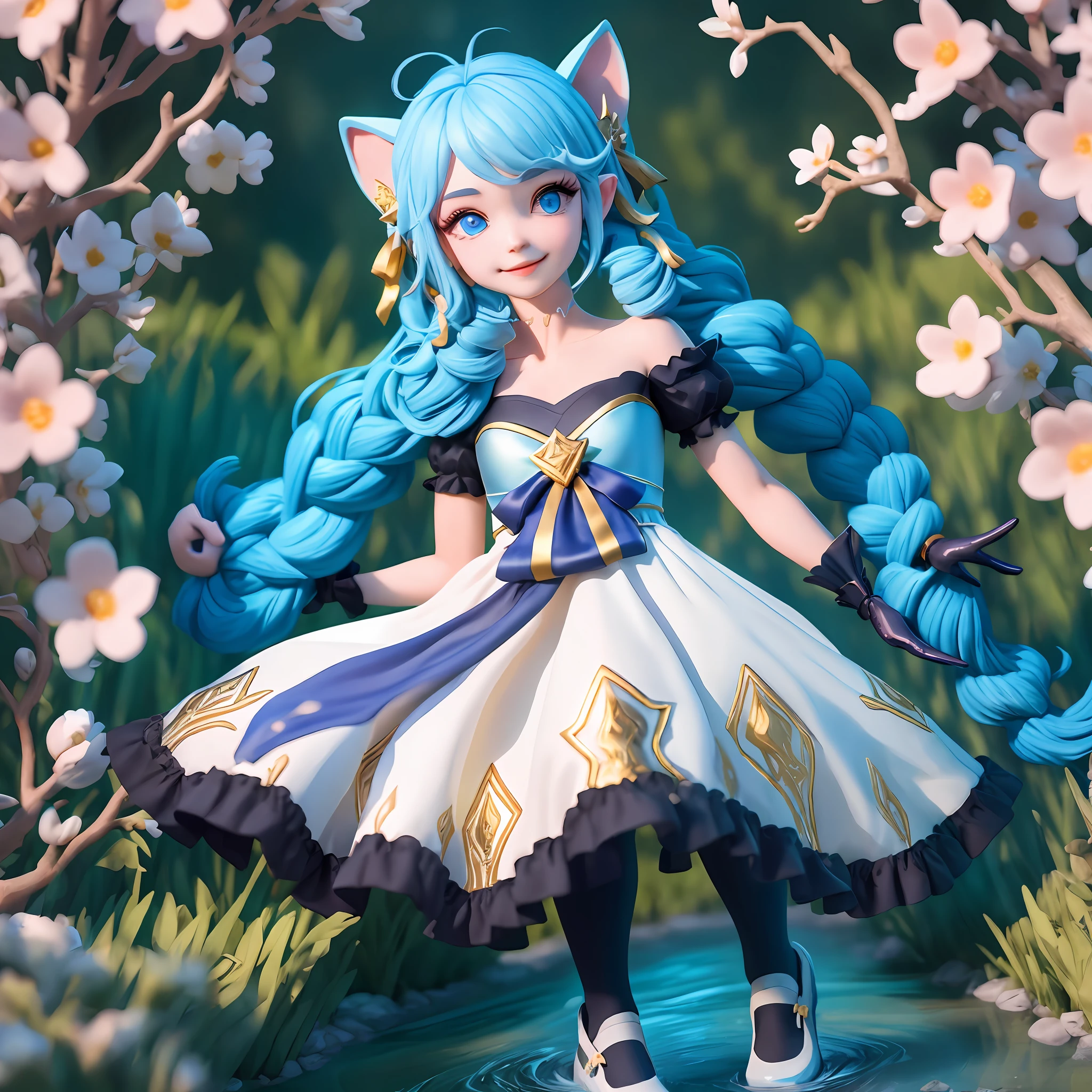 （1girls），Single person, Black bow, Black gloves, black legwear, Blue eyes, Blue hair, clarkbone,Spiral braids， dress, Drill hair, Frilled dress, frils, mitts, Gwen\(league of legend), hair accessory，high - resolution，League legendary，slong hair，Split lips，puff sleeves，Pink pupils，smiled，独奏，White dress，Bubbles，x hair accessories，lying down，Bubbles，water stream，semi naked，Delicate hair，Arm carving，Blue hair，blossoms，Delicate shoes，Depiction of facial features，Delicate facial features，Eye portrayal，Delicate hair，Popmart blind box，Clay texture，the golden ratio，Black and white background，natural day light，the best qualityt，ultra-details，3D art，C4D, OC renderer, 3d rendered, 8K，Various actions，Blushlush，Q version，gnome，Round toot
