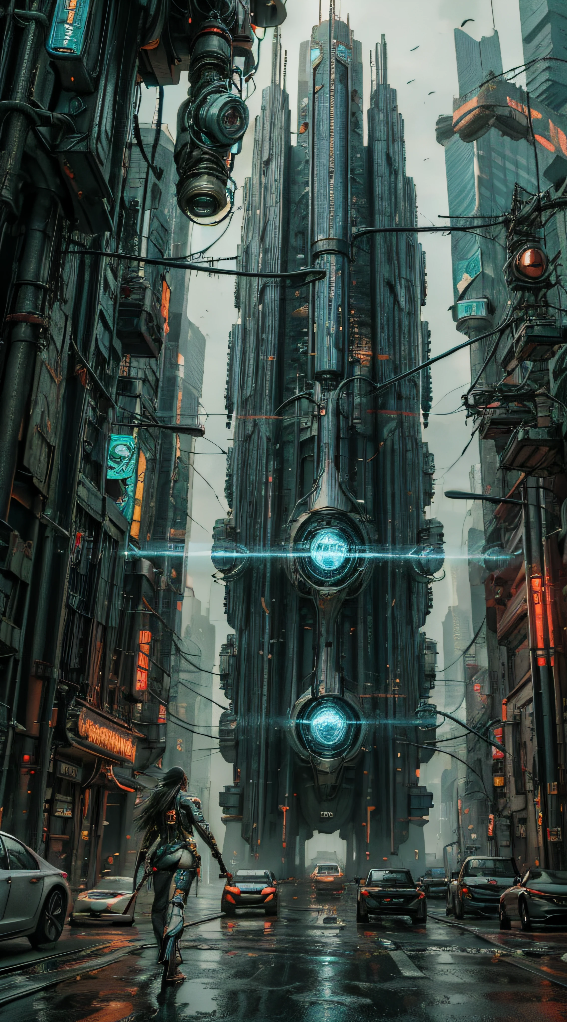 Cyberpunk, futuristic, mechanical aesthetics, complex machinery, high-tech lighting scene of futuristic city in the background, virtual engine 5,