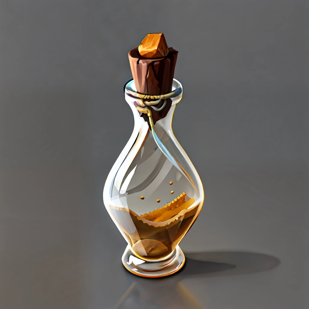 estilo dos desenhos animados，European and American cartoons，Sands bottle，Delicate glass bottles of golden sand，Delicate glass bottle，Cartoon glass bottle，Simple details，Hand drawing，4K，low poly，Minimalist，high-definition，Wood grain，cordage