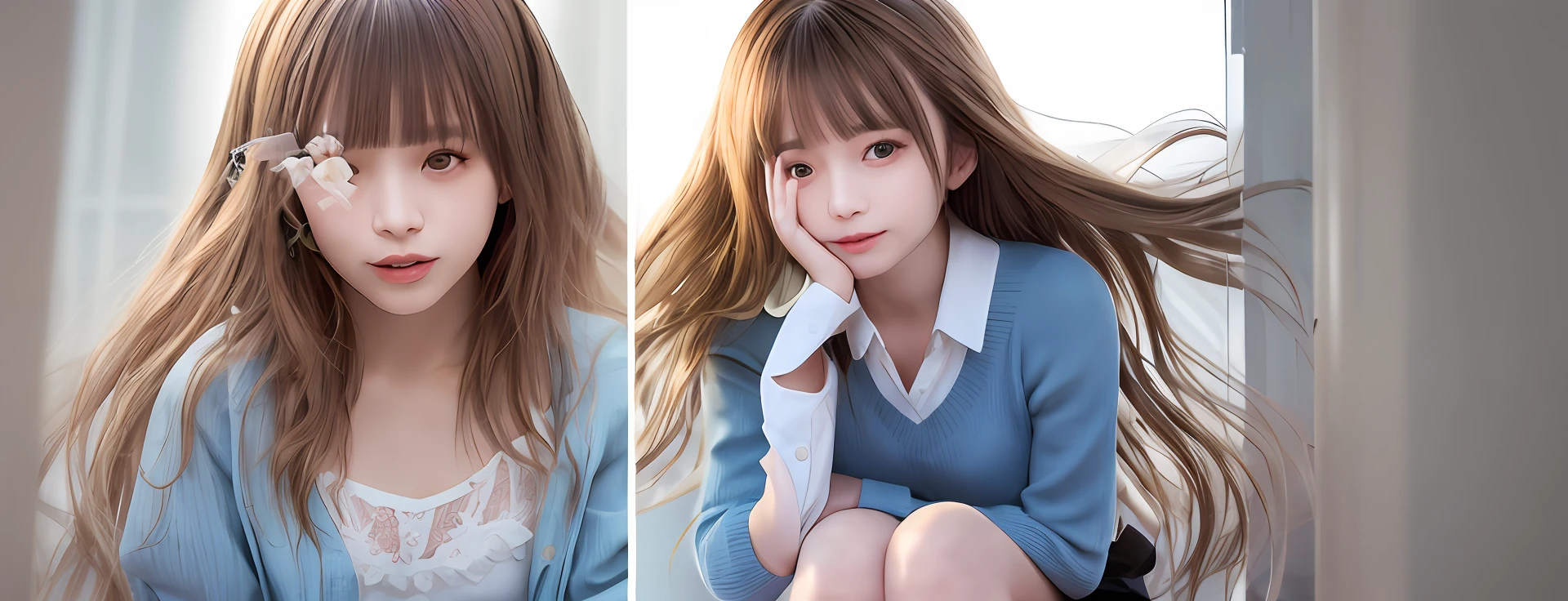 (Highly detailed CG Unity 8k wallpapers)、(The Masterpiece)、(the best qualityt)、(Ultra Verbose)、(the best illustration)、(Best Shadows)、(photorealestic:1.4)、(PureErosFace_V1:0.5)、Real human skin、Lens Flare、Suny、contre-jours、blooms、Depth-of-field、natural day light、Hard Focus、Film Grain、Staring at the viewer、girl 1 person、 独奏、skiny、White Skin Skin、Soft lips、(Bright eyebrows: 1.4)、Shiny brown eyes、long dark hair:1.1、(breasts are small)、Beautiful detailed sky、Detailed classroom(crowd:1.2)、sitting on、(Sorrisos:1.3)、(closed mouth)、Beautiful detailed eyes, school-uniform, Floating hair, Half-shed、White underwear、Twisted skirt