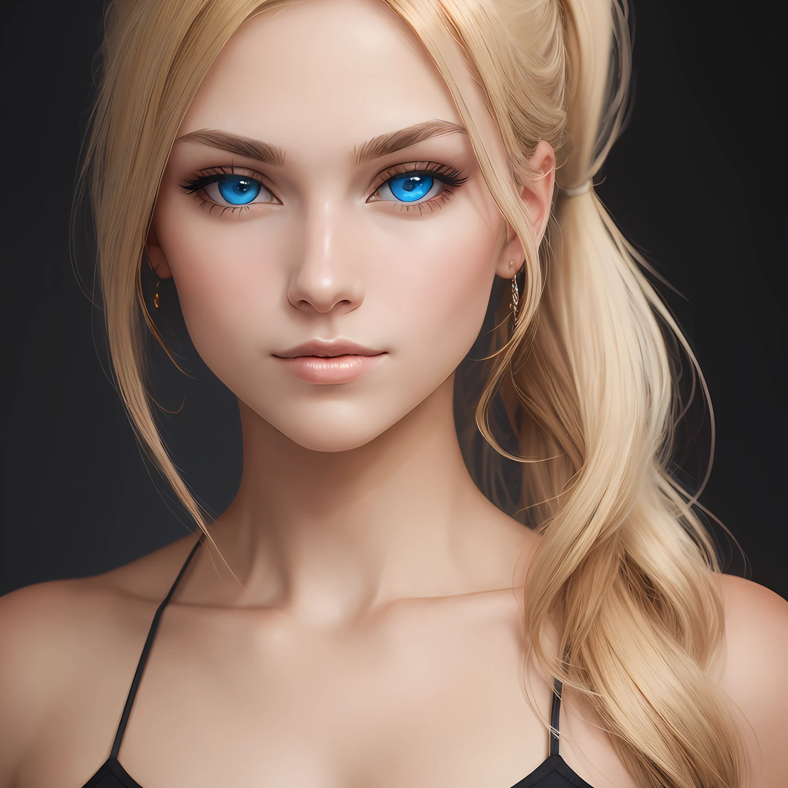 "a perfectly lit frontal close-up portrait of a 28-year-old blonde girl with a ponytail, blue eyes." --auto