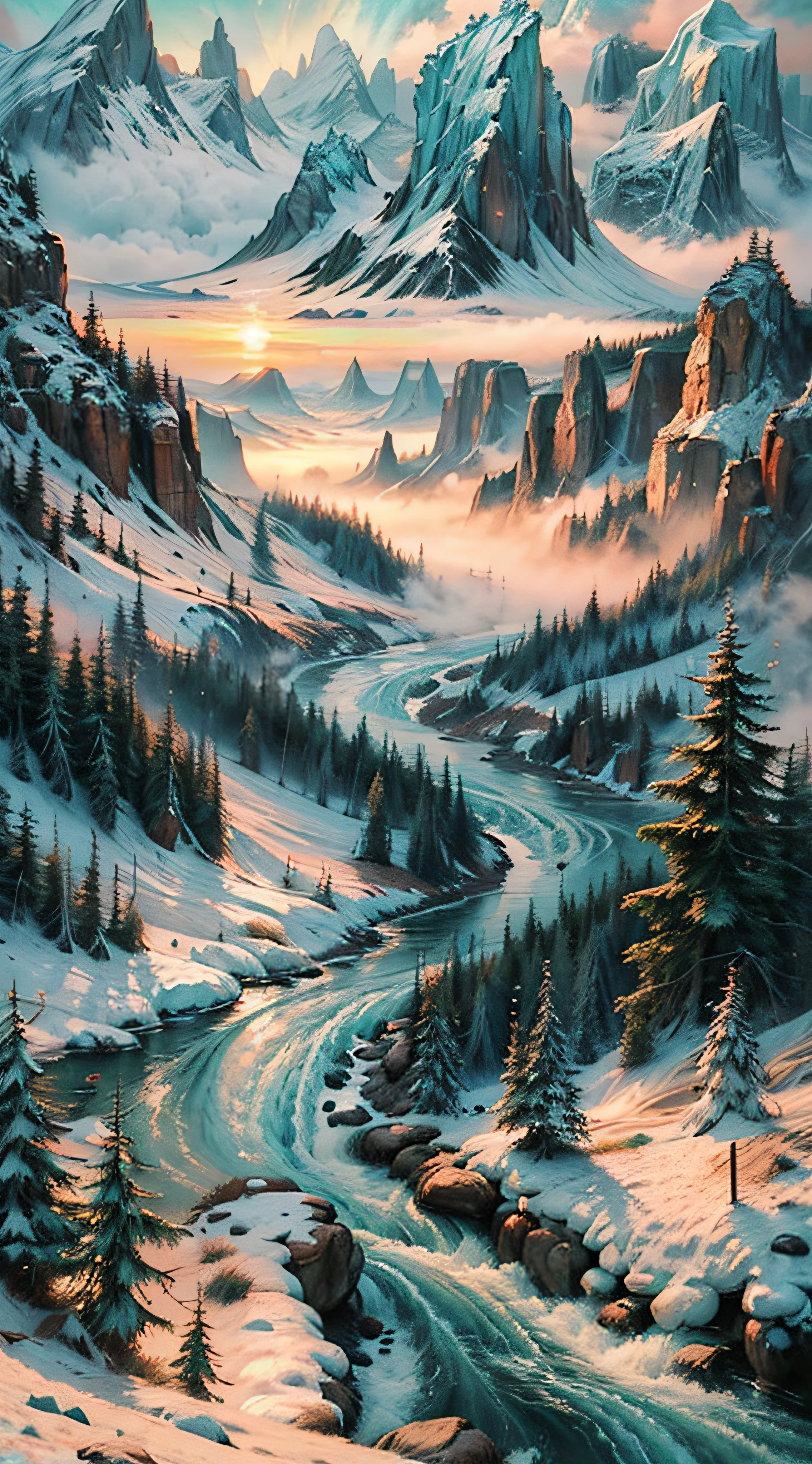 SamdoesArts style. Physical palette knife painting, thick oil paint, stunning landscapes, huge scale, pastel colors, soft contrasts, extremely detailed and intricate. Mountainous Arctic valley rivers. Light fog, light snow, sunrise. Divine light, sharp focus