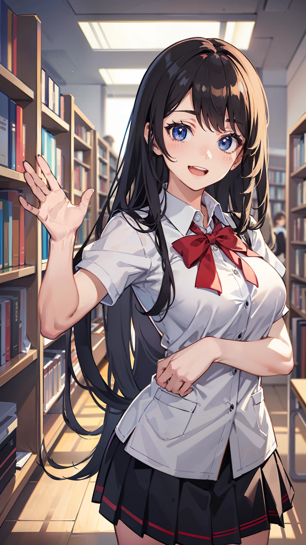 One woman,School uniform,Posing,Standing,titts,short of a person,Cute face,drooping eyes,Thin eyebrows,Open mouth,Smiling,Semi-Long Hair,Long hair,Straight Hair,Wave Hair,indoor,daytime,In the classroom,library,Anime Style,masterpiece, extremely fine and beautiful,illustration