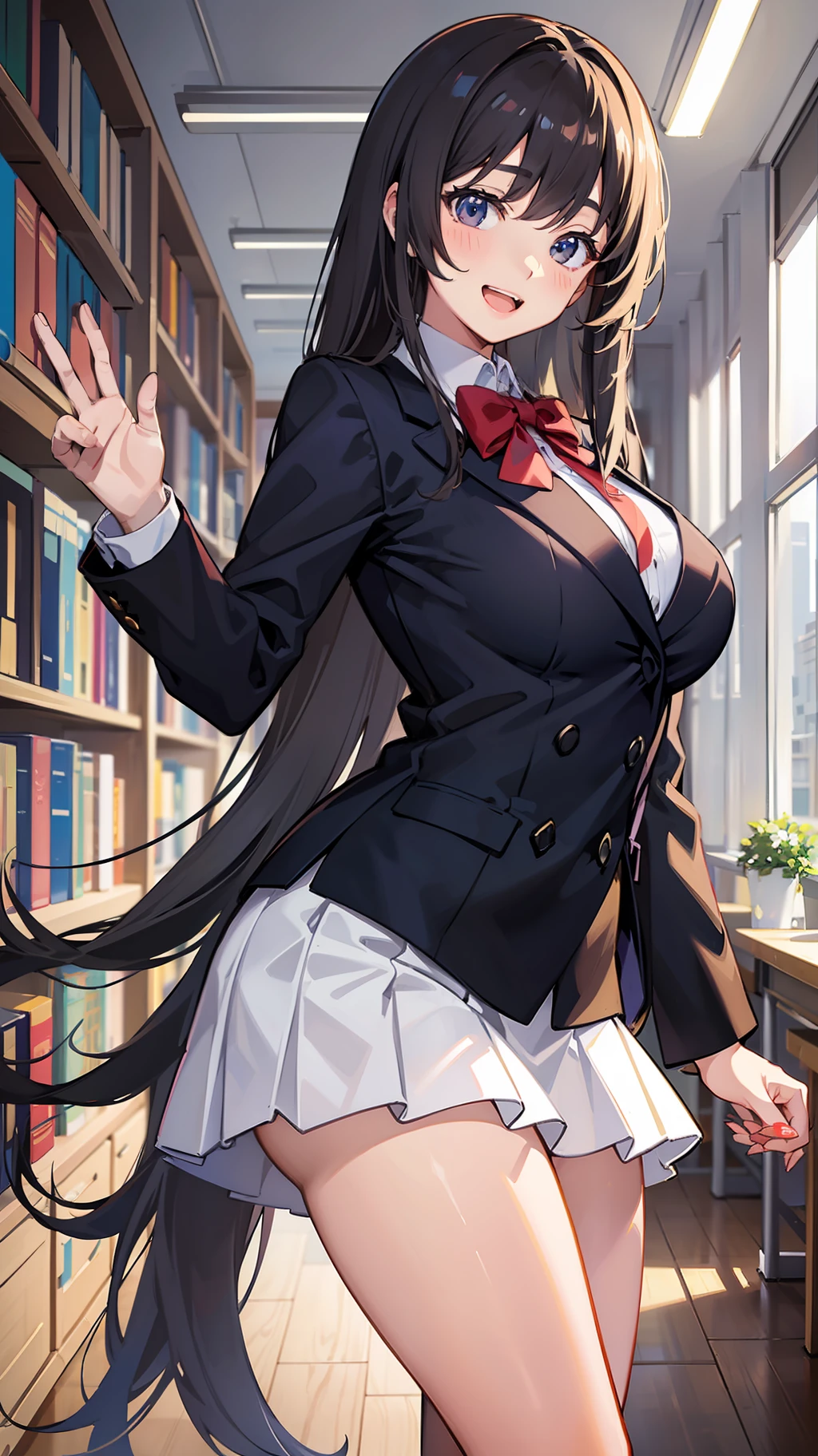 One woman,School uniform,Posing,Standing,titts,short of a person,Cute face,drooping eyes,Thin eyebrows,Open mouth,Smiling,Semi-Long Hair,Long hair,Straight Hair,Wave Hair,indoor,daytime,In the classroom,library,Anime Style,masterpiece, extremely fine and beautiful,illustration