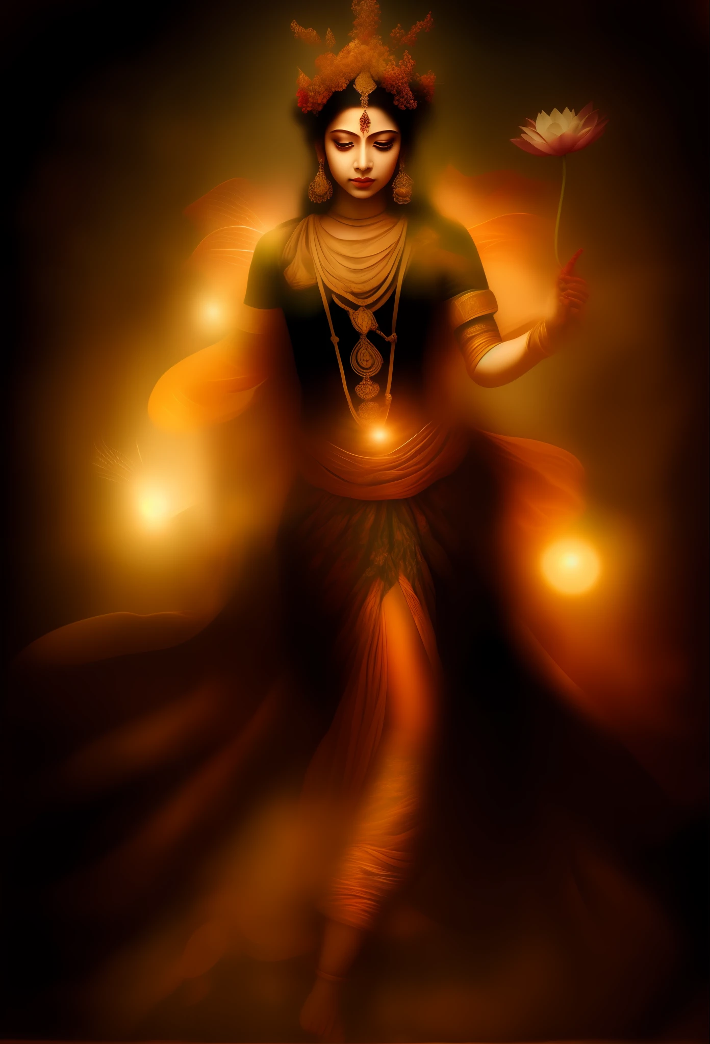The Masterpiece，ultra-highresolution，A beautiful fairy stands in front of the gate of an ancient Indian temple，Lotus in hand，The corners of the mouth are slightly upturned，Bright light，Photographic effects，