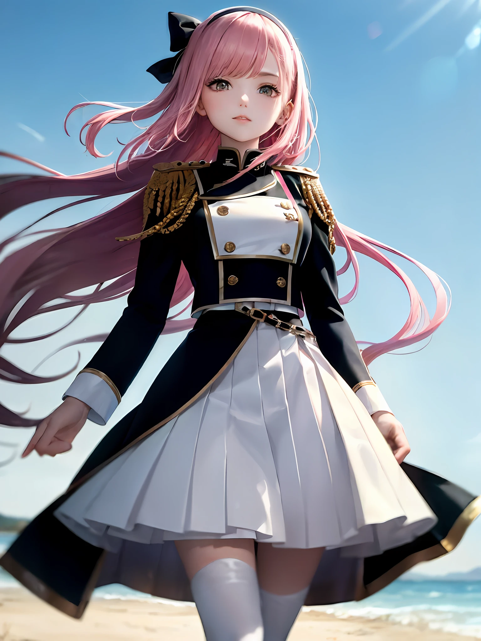 1girls, Single person，(masterpiece:1.1), (Best quality:1.1), (White blouse:1.1), High-waisted skirt, Break [blue:Pink:0.5] theme, (gradient backgrounds :1.1), Cowboy shot, Cinematic light，The Perfect Hand， Break through pink hair, single horse tail, white hairband，White military uniform top, Pink epaulettes，Pink pleated skirt，White mid-tube boots，Pink stockings，Amber eyes， Mottled sunlight，seaside backgroud