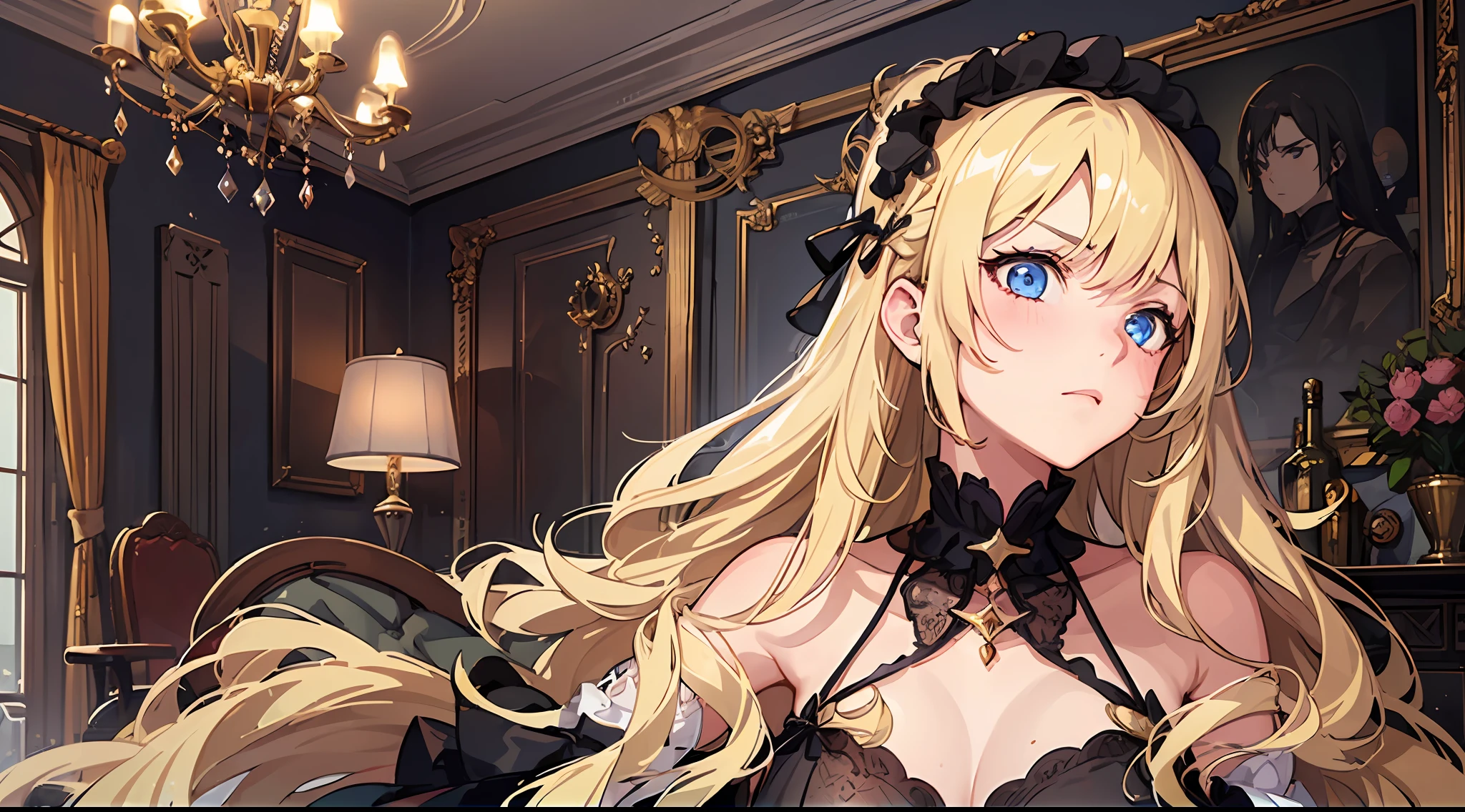 (Only 1 girl:2)，(Long fluffy blonde hair:1.6)，withe dress，Mature female，Royal sister，Rich and noble families，In the living room of the villa，It was dark，There is moonshine，There are lights in the living room，A mocking expression，disdain，frown，Ultra-detailed CG，exquisite facial features，Clear facial expressions，Detailed digital anime art，digital anime art，High quality anime art style