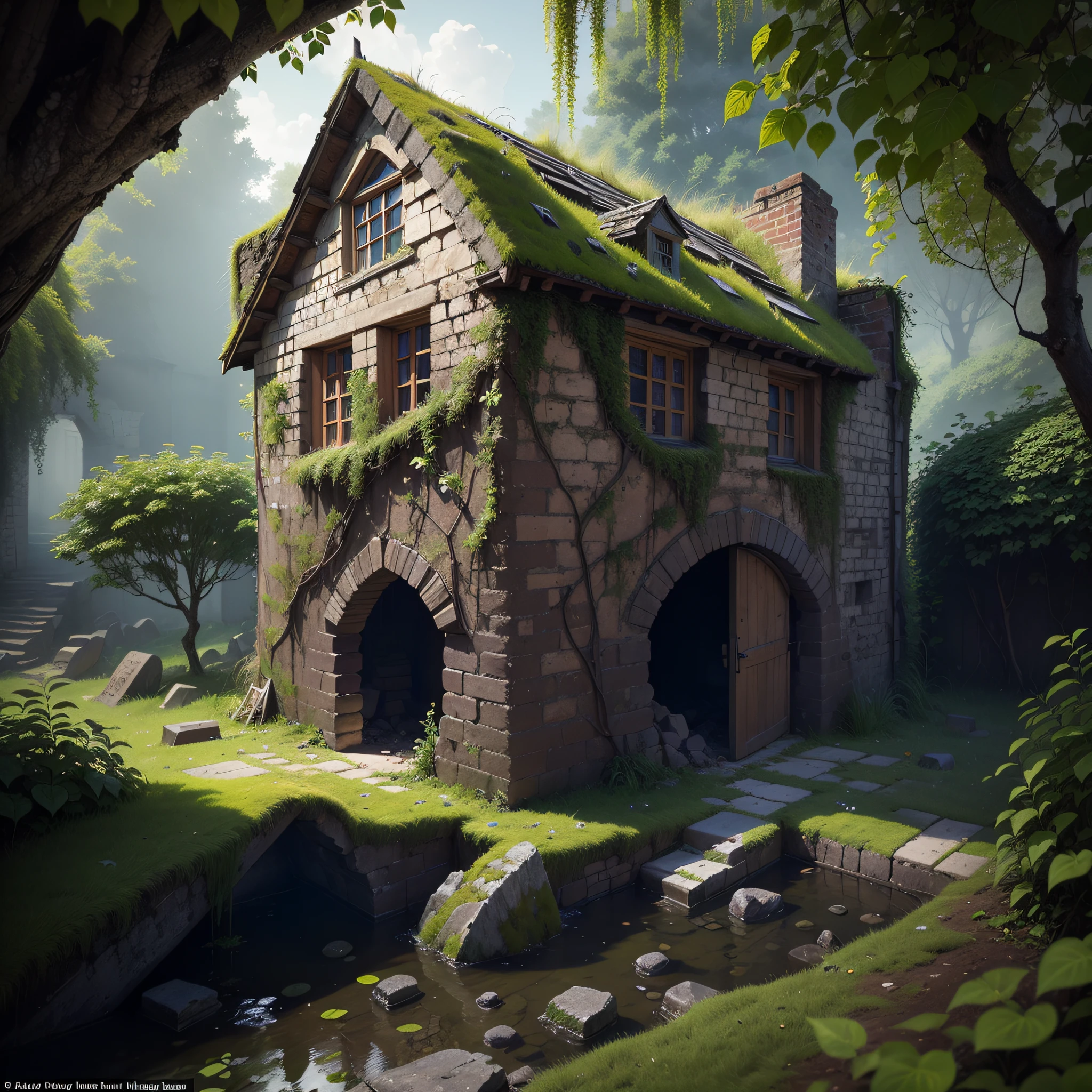 (number々Award-winning masterpieces of, with incredible detail, textures and maximum detail), (an ultra realistic:1.4), (Realistic:1.3), (best quality real texture skin), (Several medieval huts built illegally parasitically in a forgotten and deserted medieval castle), (With the remains of a medieval fort covered in moss and ivy), There are some slightly crumbling huts), (medieval architecture that is returning to nature), (Eroded by clear water), (Tree roots, ivy plants and beautiful plants crawling on stone walls), (Partially collapsed buildings: 0.6)