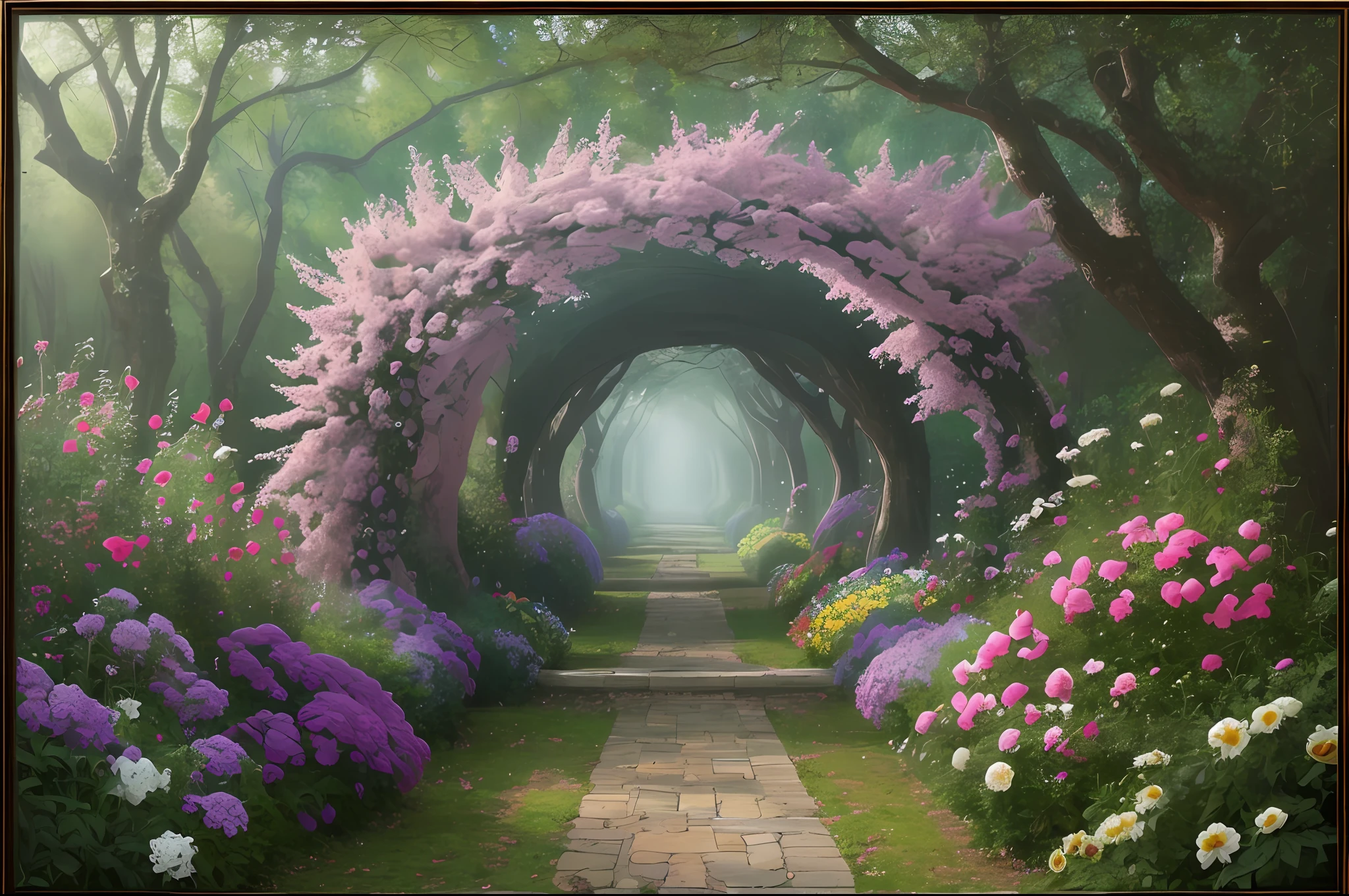 There is a photo of a path with trees and flowers, entrance to ethereal realm, portal to the ethereal realm, por Ross Bleckner, photograph of enchanted garden, mystical oil on linen, dream portal, dreamy scene, Danila Tkachenko, por David Burton-Richardson, painting of a dreamscape, soft airbrushed artwork, renato muccillo,muy detallado,Detalles intrincados,foto RAW,ultrarrealista