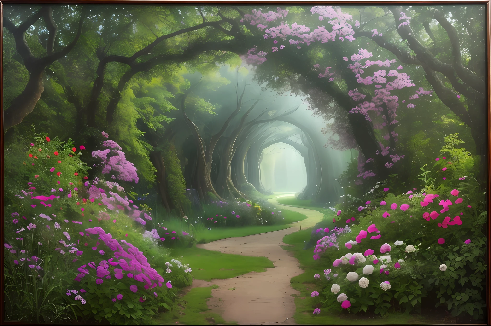 There is a photo of a path with trees and flowers, entrance to ethereal realm, portal to the ethereal realm, por Ross Bleckner, photograph of enchanted garden, mystical oil on linen, dream portal, dreamy scene, Danila Tkachenko, por David Burton-Richardson, painting of a dreamscape, soft airbrushed artwork, renato muccillo,muy detallado,Detalles intrincados,foto RAW,ultrarrealista