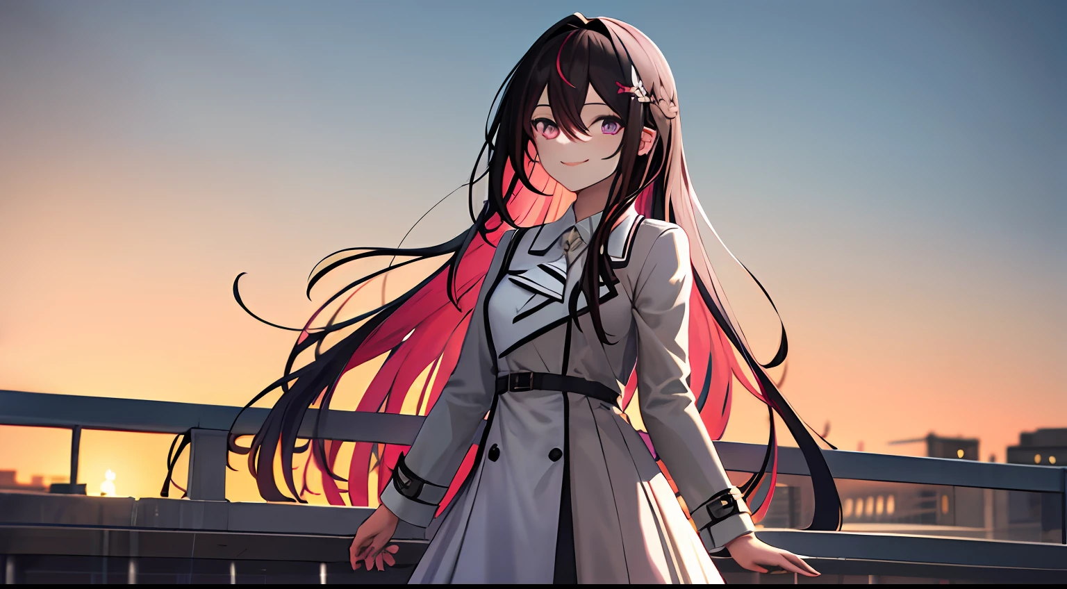 masterpeace, best quality, highres, 1girl, solo, multicolored hair, pink hair, purple eyes, black hair, dress, colored inner hair, hair between eyes, white dress, brown jacket, two-tone hair, jewelry, long sleeves, x hair ornament, bangs, bracelet, very long hair, streaked hair, hairclip, standing, cowboy shot, smile, street, look at sky, sunset, school terrace,