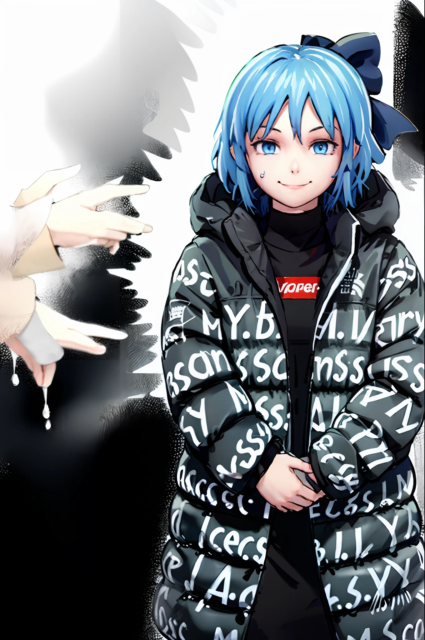 masterpiece, best quality,  1girl,smile,cirno,flying, blue eyes,ice wings,snow,grey background, simple background, 
dripjacket
own hands together