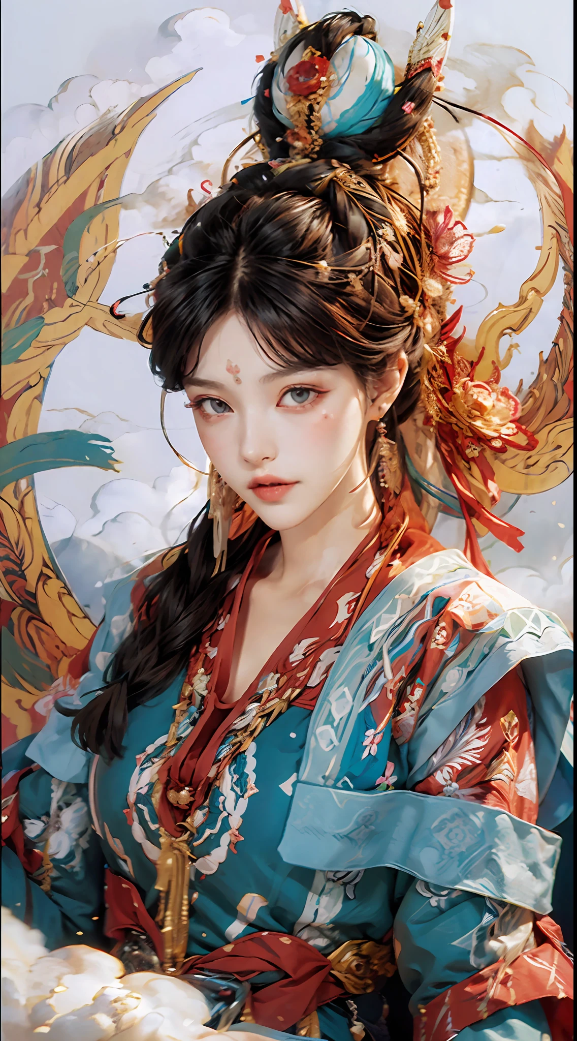 (((White Cloud Background))), (((High Saturation))), ((Surrounded by Color Splashes)))) Ultra Detailed, Beautiful and Aesthetic, Masterpiece, Best Quality, (Zentangle, Mandala, Tangled, Entangle), (Fractal Art: 1.3), 1girl, Very Detailed, Dynamic Angle, Cowboyshot, Most Beautiful Forms Chaotic, Elegant, Fauvist Design, Bright Colors, Romanticism, Michal Mraz, Adrian Ghenny, Petra Courtwright, atmospheric, ecstatic notes, flow notes visible
