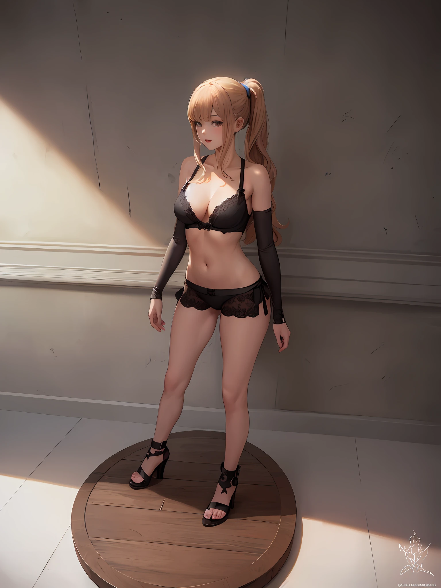 a beautifu,  Sexy underwear, High heel、Beautiful highschool girl, pony-tail, Full Body, highly detailed full body, , Highly detailed body,