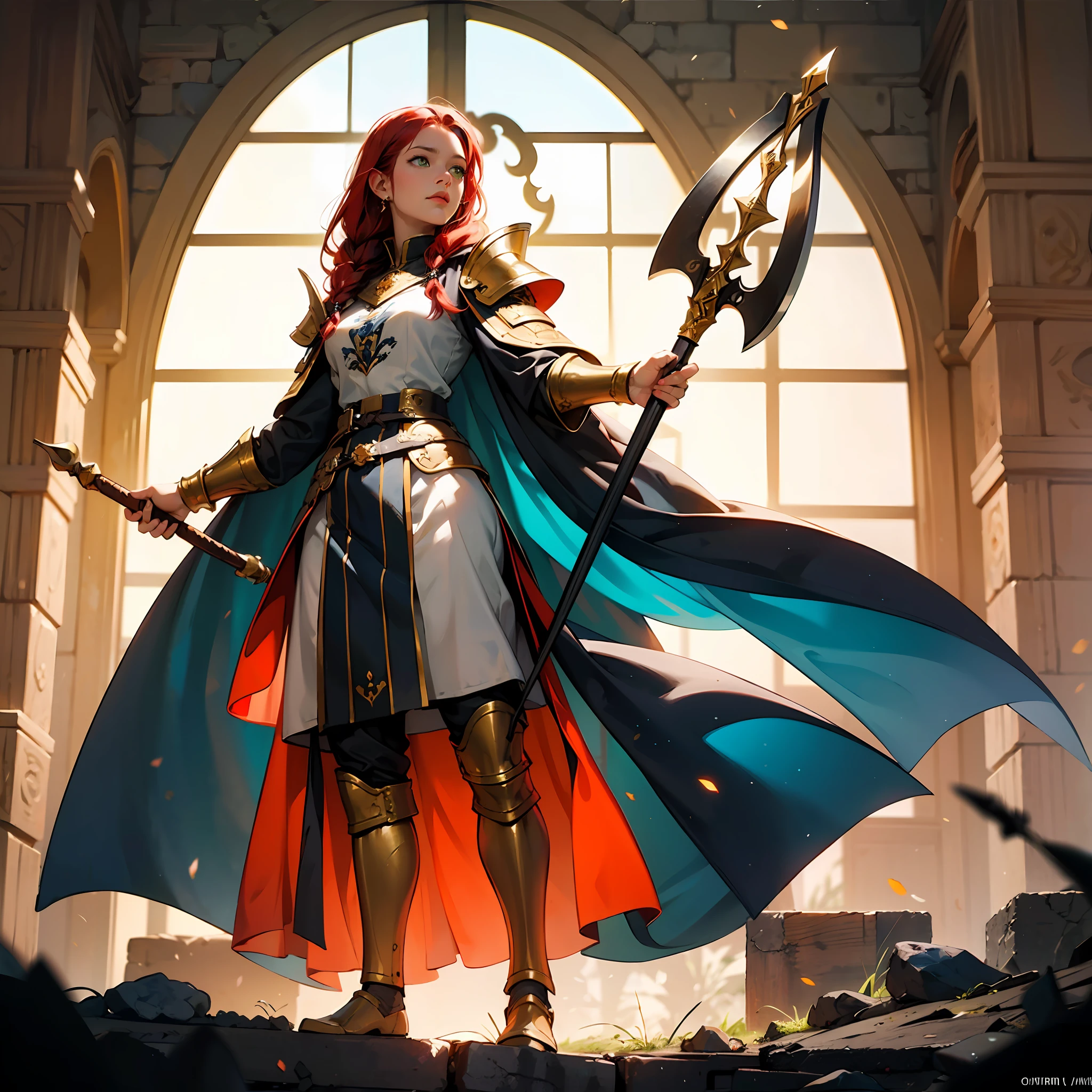fantasy world, dnd art female, dwarf, (Masterpiece 1.5, intense details), red haired, green eyes, slightly pointred ears, braided hair,(Masterpiece, intense details),cleric, templar, casting a spell (Masterpiece, intense details dnd art) ,wearing white heavy armor with sigils (Masterpiece, intense details). Carrying a flaming axe (Masterpiece 1.5, intense details),Wearing a blue cloak with sigils (Masterpiece 1.4, intense details), holy symbol, radiant yellow light,(Masterpiece, intense details) standing near fantasy setting temple at dawn, sun, backligt, (Masterpiece, intense details) glowing light, ray tracing, reflection light, silhouette, wide shot, panorama, Ultra-Wide Angle, award winning, best quality, HD, 4K, high details