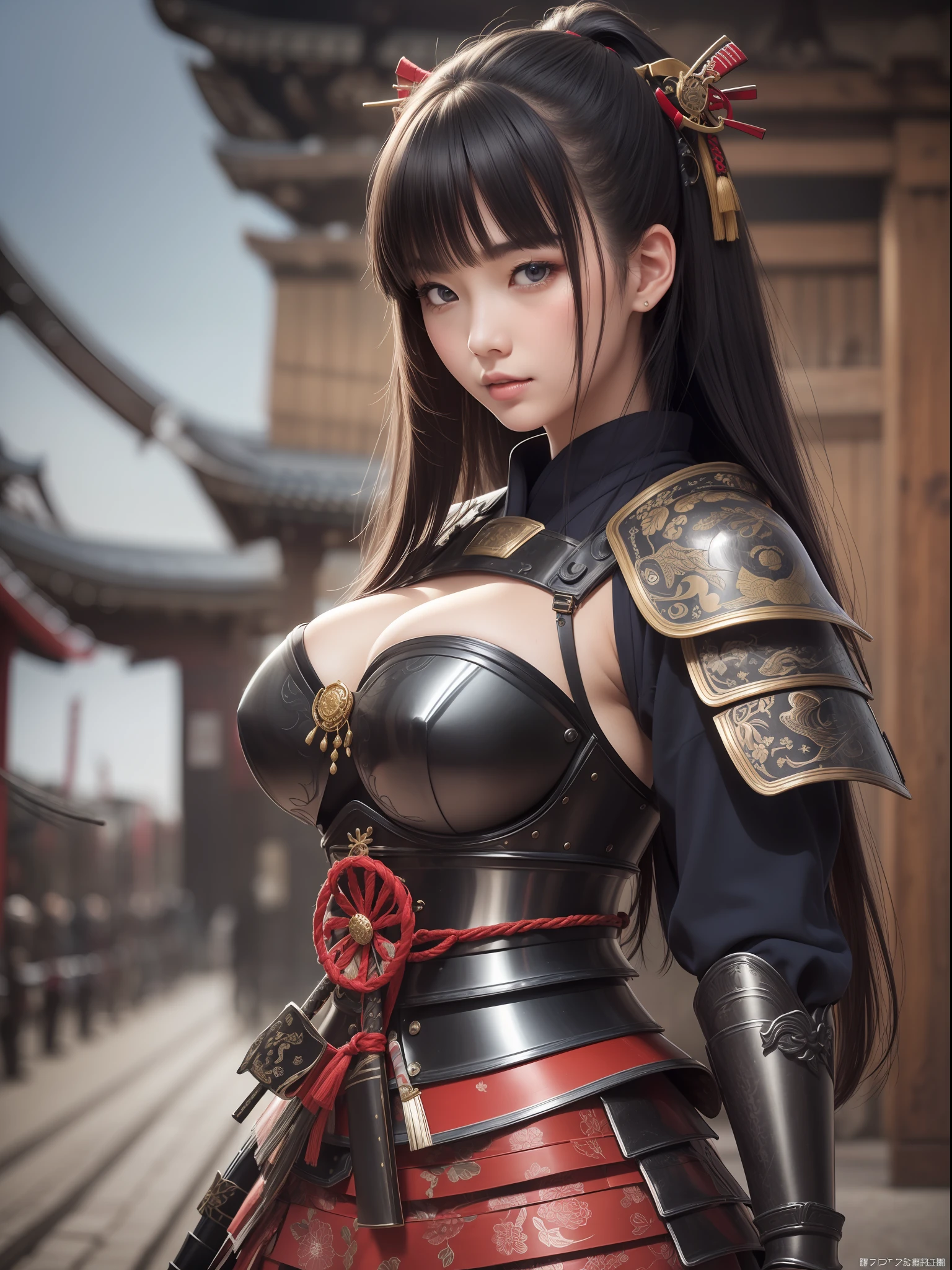masterece-piece, the best qualityt, (((Realstic、photorealestic:1.37))), ((独奏)), 8K image quality , extremelydelicateandbeautiful, splendid, Official art with attention to detail, Unbelievably ridiculous, huge filesize, Ultra Verbose, extremely detaild, (Pretty girl), (detailed girl), Detailed eyes and face, Beautiful detailed eyes, Light makeup, (1 girl), (Perfect female figure), Large breast, Slim waist, large ass, (The beauty of the Japan), ((fully body)), With bangs, ((Samurai Japan Woman)), ((Japan ebony armor)), (Detailed Japan armor), (18 age), ((Samurai Japan Woman)), ((Japan ebony armor)) , Wakizashi, (Detailed Japan armor), ((Overexposure)), Shrines and temples,