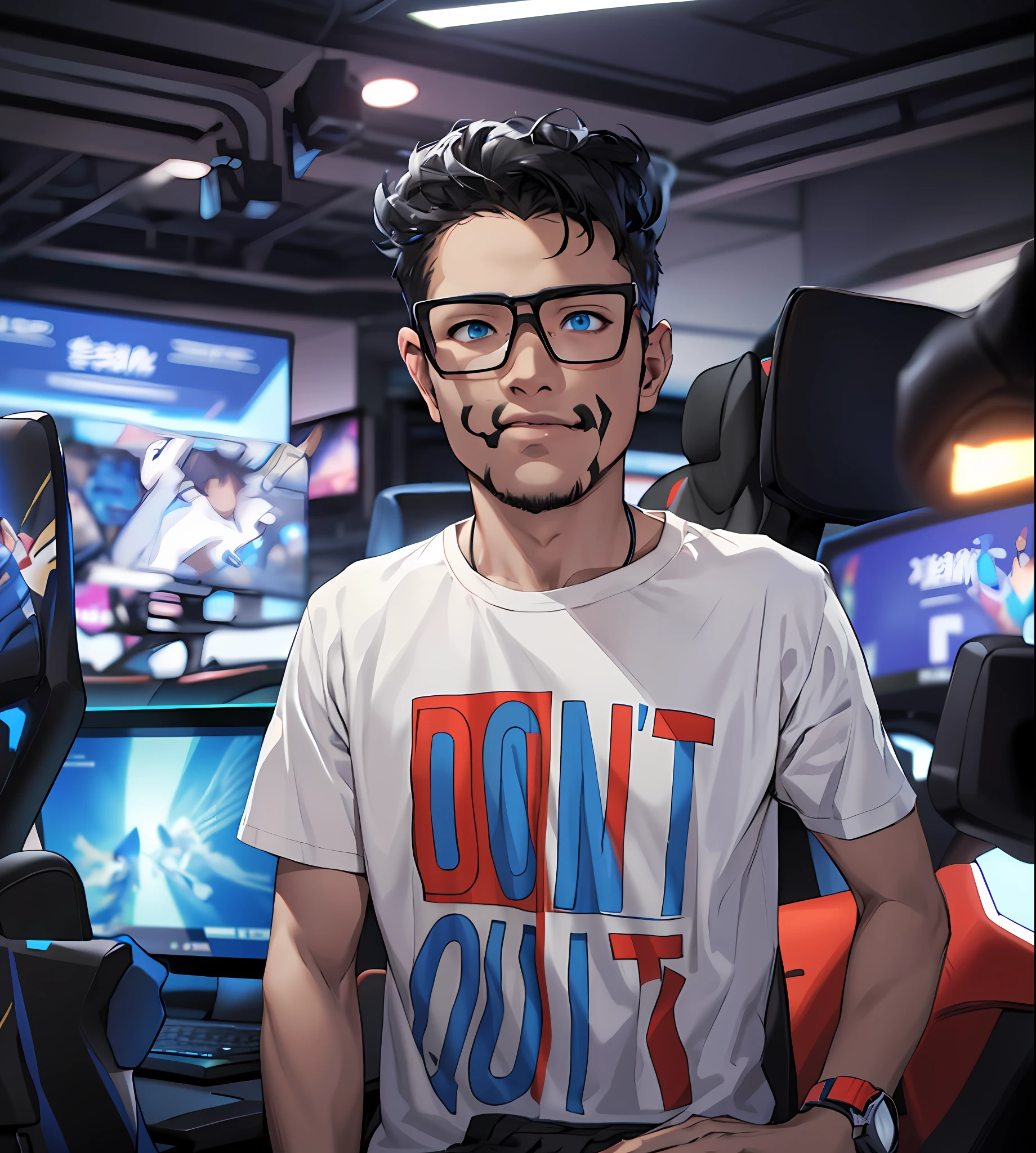 Best quality: 1.0), (Super High Resolution: 1.0), Anime boy, short black hair, blue eyes, sitting in front of computer playing games, background in esports room,