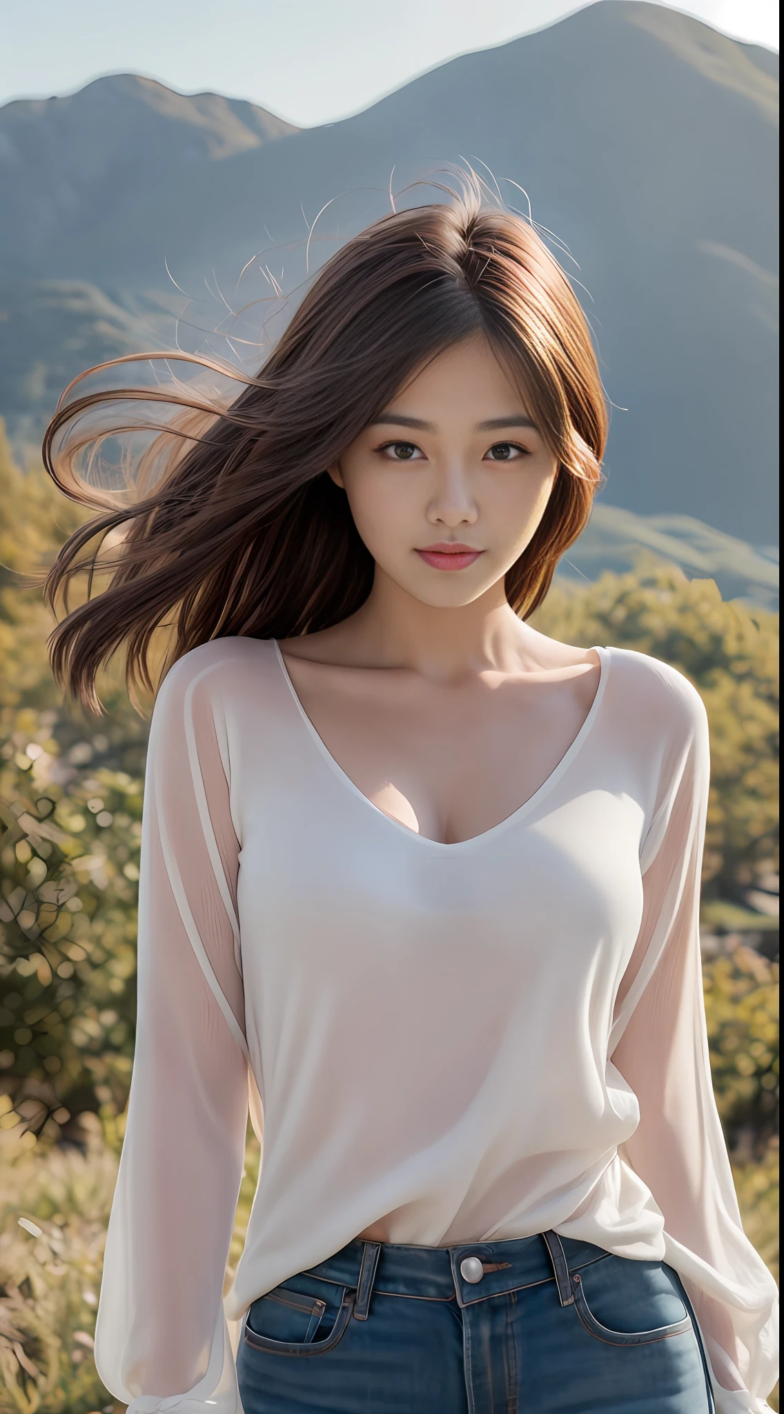 ((Realistic lighting,best qulity,8k,The Masterpiece:1.3)),1girls,Small moles under the eyes,Smile with,Detailed eyes,Beautiful woman with a slim figure:1.4,Korea,wan,(Floating wavy silk brown hair,Breezy hair,medium_breasts:1),(deep_cleavage),white blouse:1.2,Long sleeves are winded, standup, Night in the mountains, Bonfire lights, Ultra-detailed face, delicate eye, Double eyelid, shinny skin, Cowboy shooting