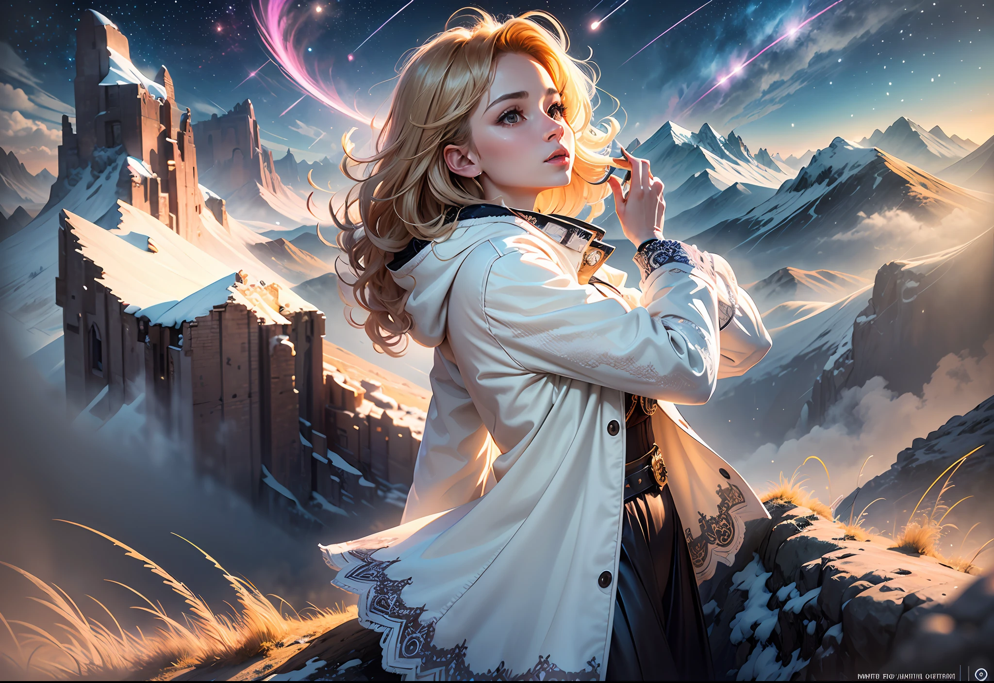 (award winning 64k concept art:1.3) of (young woman looking up standing over the valley:1.2), in white coat, sweet, front, epic, god rays, (masterpiece:1.4), (best quality:1.4), Amazing, highly detailed, beautiful, finely detailed, warm soft color grading, (Depth of field:1.4), extremely detailed 64k, fine art, (valley in the background), stunning, (light reflections:1.2), (crisp:1.6), gold short curls, winter, vibrant, starry sky, (edge detection:1.4), absurdres, impressive, 120mm, extremely clear, lens flare, motion lines, symmetrical clothes, wide shot, wide angle