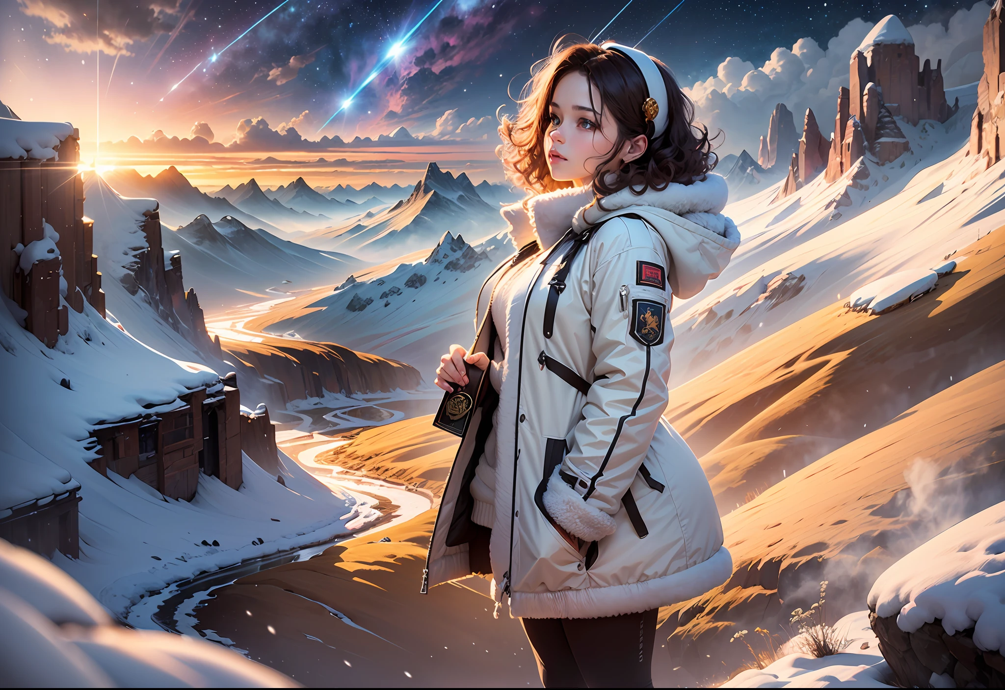 (award winning 64k concept art:1.3) of (young woman looking up standing over the valley:1.2), in white coat, sweet, front, epic, god rays, (masterpiece:1.4), (best quality:1.4), Amazing, highly detailed, beautiful, finely detailed, warm soft color grading, (Depth of field:1.4), extremely detailed 64k, fine art, (valley in the background), stunning, (light reflections:1.2), (crisp:1.6), gold short curls, winter, vibrant, starry sky, (edge detection:1.4), absurdres, impressive, 120mm, extremely clear, lens flare, motion lines, symmetrical clothes, wide shot, wide angle