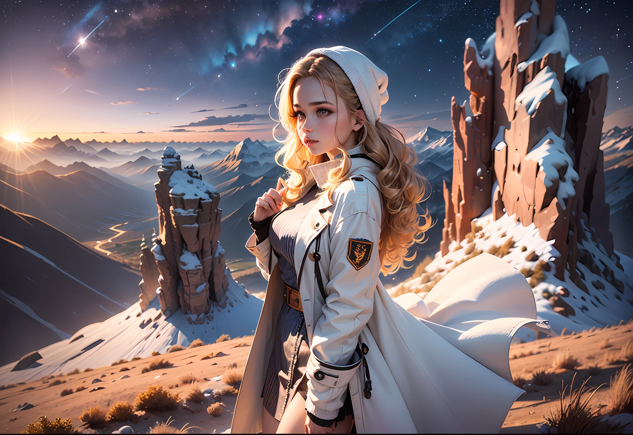 (award winning 64k concept art:1.3) of (young woman looking up standing over the valley:1.2), in white coat, sweet, front, epic, god rays, (masterpiece:1.4), (best quality:1.4), Amazing, highly detailed, beautiful, finely detailed, warm soft color grading, (Depth of field:1.4), extremely detailed 64k, fine art, (valley in the background), stunning, (light reflections:1.2), (crisp:1.6), gold short curls, winter, vibrant, starry sky, (edge detection:1.4), absurdres, impressive, 120mm, extremely clear, lens flare, motion lines, symmetrical clothes, wide shot, wide angle