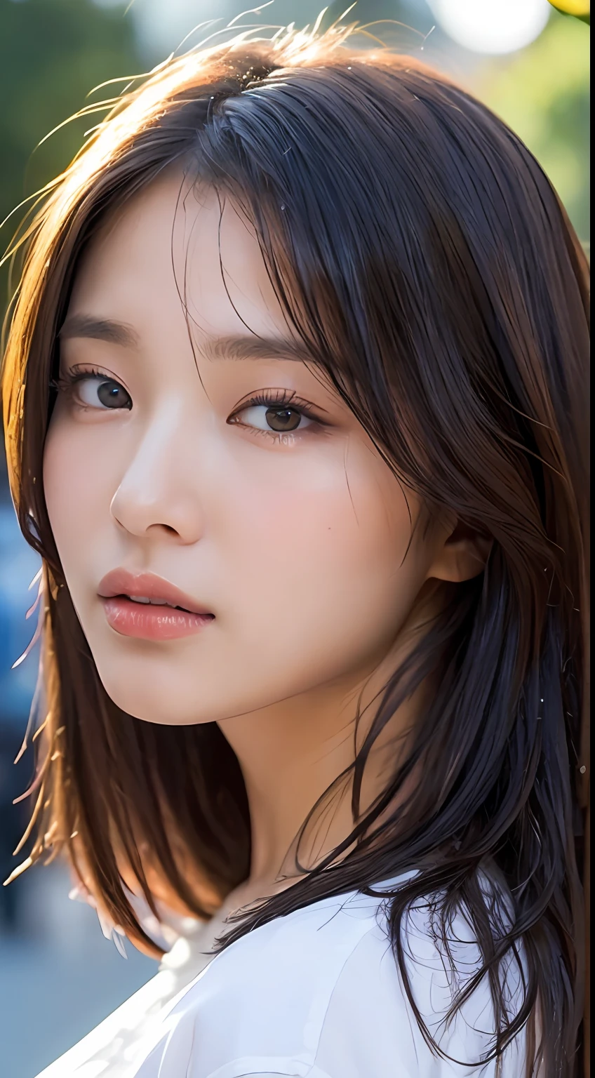 ((Best Quality, 8K, Masterpiece: 1.3)), Sharp: 1.2, Perfect Body Beauty: 1.4, Slim Abs: 1.2, ((Layered Hairstyle, Big Breasts: 1.2)), (Wet White Button Long Shirt: 1.1), (Rain, Street: 1.2), Wet: 1.5, Highly detailed face and skin texture, detailed eyes, double eyelids, side face looking at the camera
