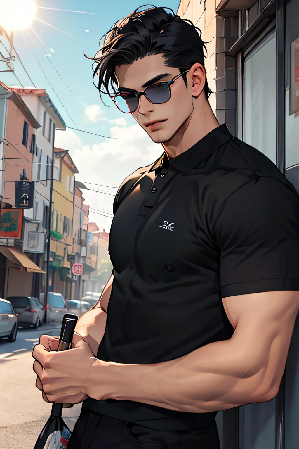 Lifelike,(The Masterpiece,Top quality,best qulity,officlal art),greatly detailed,Colorful,Most detailed,God,shorter hair,black color hair,Handsome man,gargantilha,short sleeve,outskirts,sun glasses
