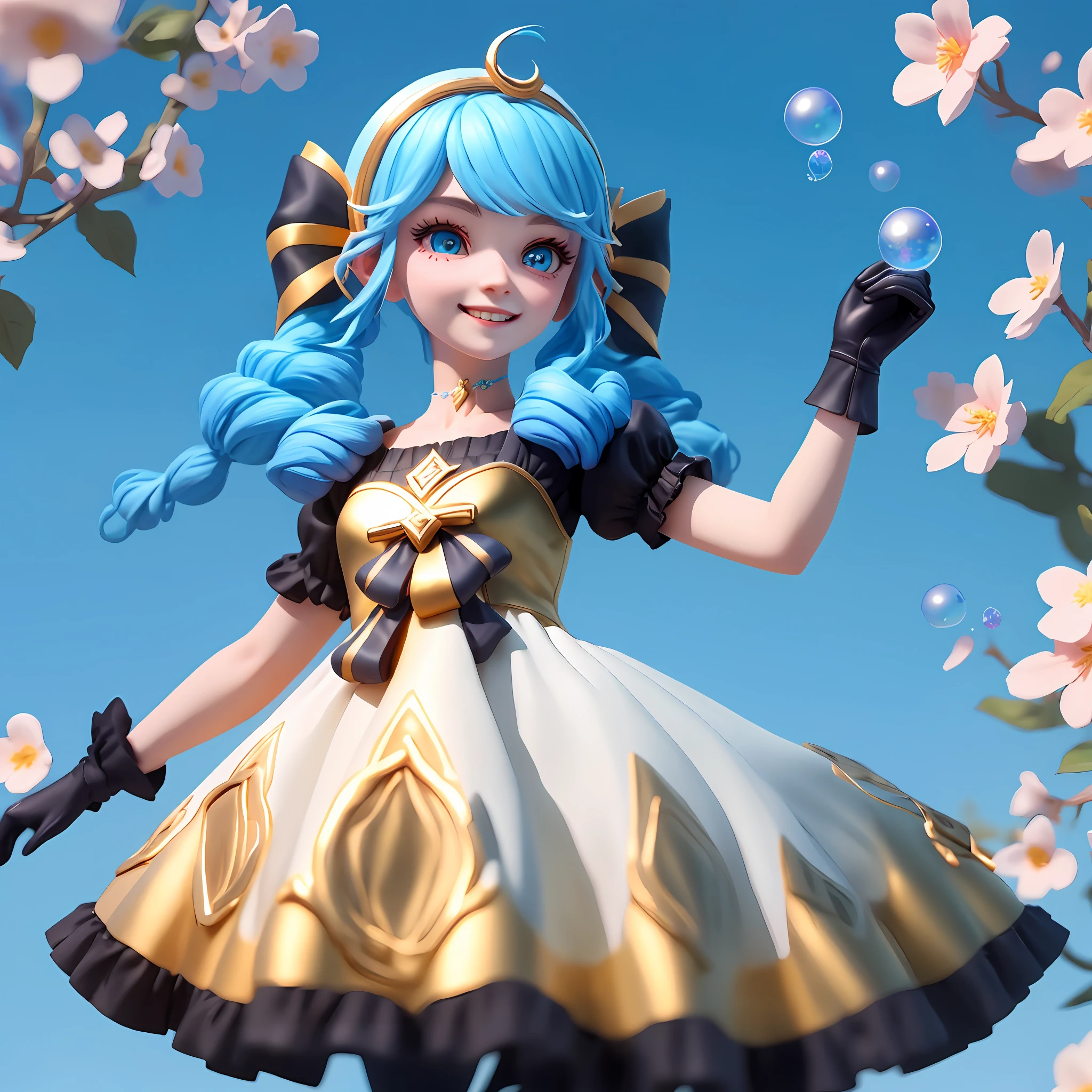 （1girls），Single person, Black bow, Black gloves, black legwear, Blue eyes, Blue hair, clarkbone,Spiral braids， Dress, Drill hair, Frilled dress, frils, mitts, Gwen\(league of legend), hair accessory，high - resolution，League legendary，long way hair，Split lips，puff sleeves，Pink pupils，😭，Smile with，独奏，White dress，Bubbles，x hair accessories，Lying down，skies，Arm carving，Blue hair，blossoms，Delicate shoes，Depiction of facial features，Delicate facial features，Eye portrayal，Delicate hair，Popmart blind box，Clay texture，the golden ratio，Black and white background，natural day light，best possible quality，ultra-details，3D art，C4D, OC renderer, 3d rendered, 8K，Various actions，Blushlush，Q version，gnome，Round toot