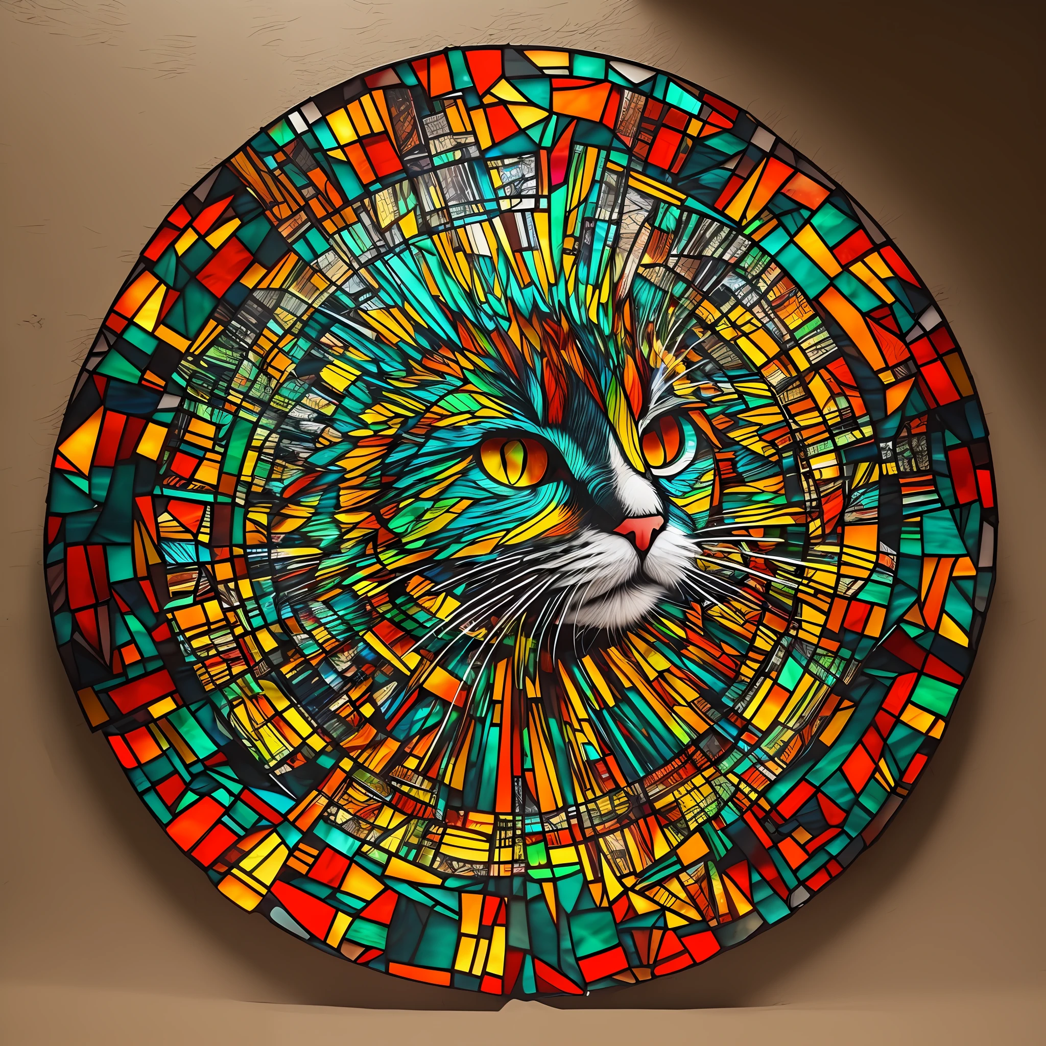 stained 3d glass art:: of cat, circular format, black background --auto --s2