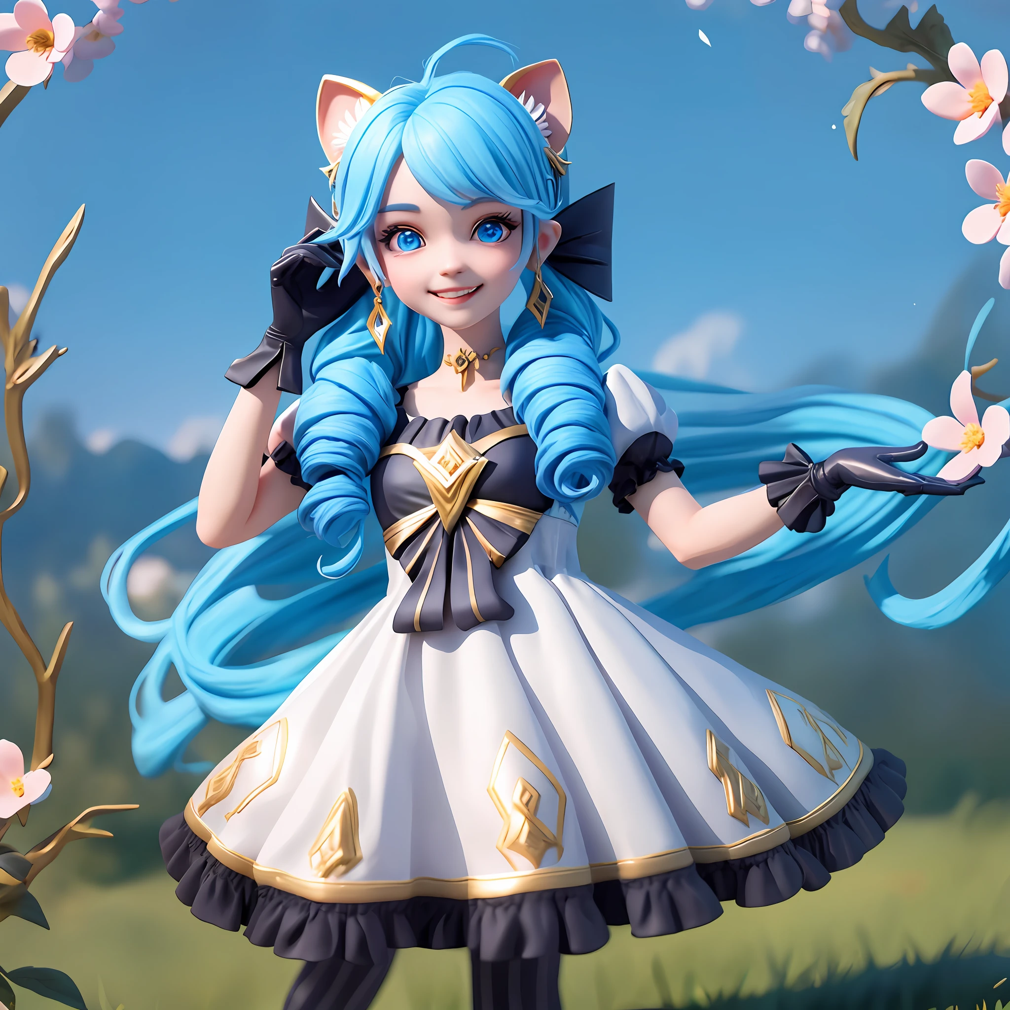 (1girls),Single person, Black bow, Black gloves, black legwear, Blue eyes, Blue hair, clarkbone,Spiral braids, Dress, Drill hair, Frilled dress, frils, mitts, Gwen\(league of legend), hair accessory,high - resolution,League legendary,long way hair,Split lips,puff sleeves,Pink pupils,😭,Smile with,独奏,White dress,Bubbles,x hair accessories,Lying down,skies,Arm carving,Blue hair,blossoms,Delicate shoes,Depiction of facial features,Delicate facial features,Eye portrayal,Delicate hair,Popmart blind box,Clay texture,the golden ratio,Black and white background,natural day light,best possible quality,ultra-details,3D art,C4D, OC renderer, 3d rendered, 8K,Various actions,Blushlush,Q version,gnome,Round toot