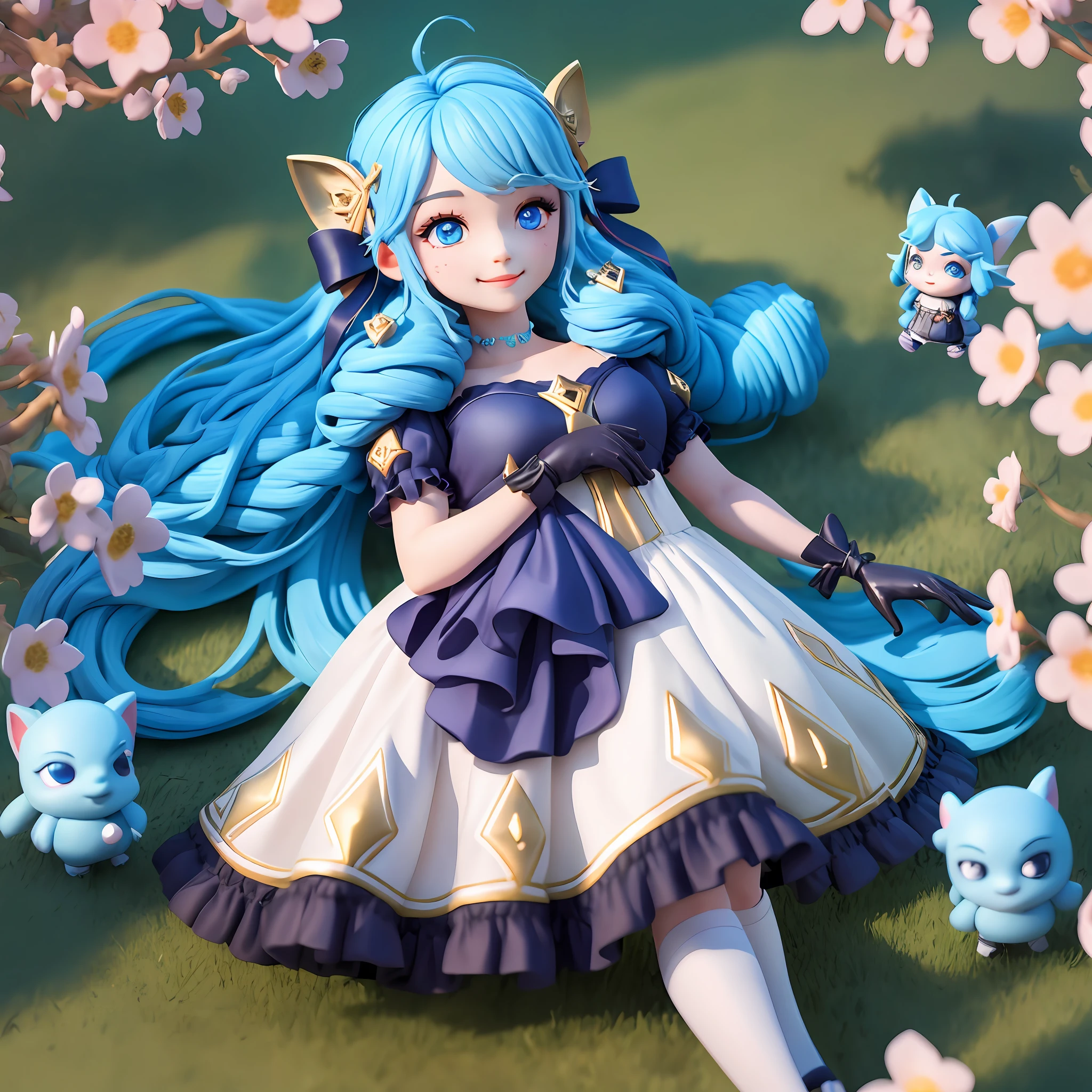 (1girls),Single person, Black bow, Black gloves, black legwear, Blue eyes, Blue hair, clarkbone,Spiral braids, Dress, Drill hair, Frilled dress, frils, mitts, Gwen\(league of legend), hair accessory,high - resolution,League legendary,long way hair,Split lips,puff sleeves,Pink pupils,😭,Smile with,独奏,White dress,Bubbles,x hair accessories,Lying down,skies,Arm carving,Blue hair,blossoms,Delicate shoes,Depiction of facial features,Delicate facial features,Eye portrayal,Delicate hair,Popmart blind box,Clay texture,the golden ratio,Black and white background,natural day light,best possible quality,ultra-details,3D art,C4D, OC renderer, 3d rendered, 8K,Various actions,Blushlush,Q version,gnome,Round toot