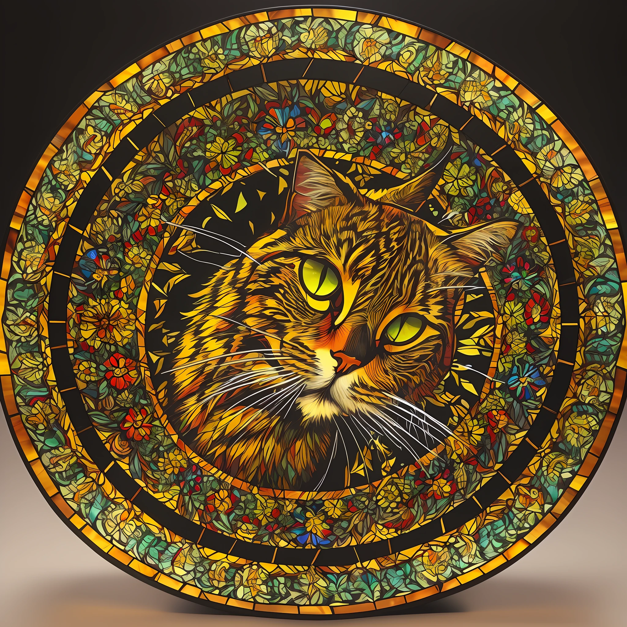 stained 3d glass art:: of cat, circular format, black background --auto --s2