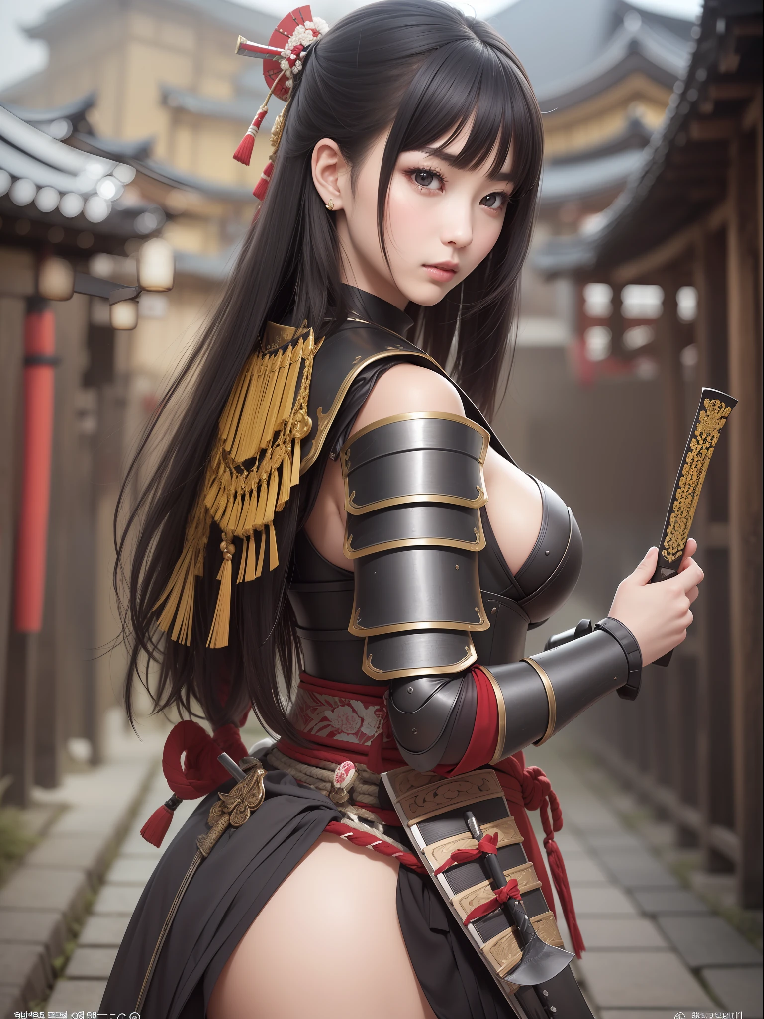 masterece-piece, the best qualityt, (((Realstic、photorealestic:1.37))), ((独奏)), 8K image quality , extremelydelicateandbeautiful, splendid, Official art with attention to detail, Unbelievably ridiculous, huge filesize, Ultra Verbose, extremely detaild, (Pretty girl), (detailed girl), Detailed eyes and face, Beautiful detailed eyes, Light makeup, (1 girl), (Perfect female figure), Large breast, Slim waist, large ass, (Korean beauty), ((fully body)), With bangs, ((Samurai Japan Woman)), ((Japan ebony armor)), (Detailed Japan armor), (18 age), ((Samurai Japan Woman)), ((Japan ebony armor)) , Wakizashi, (Detailed Japan armor), ((Overexposure)), Shrines and temples,