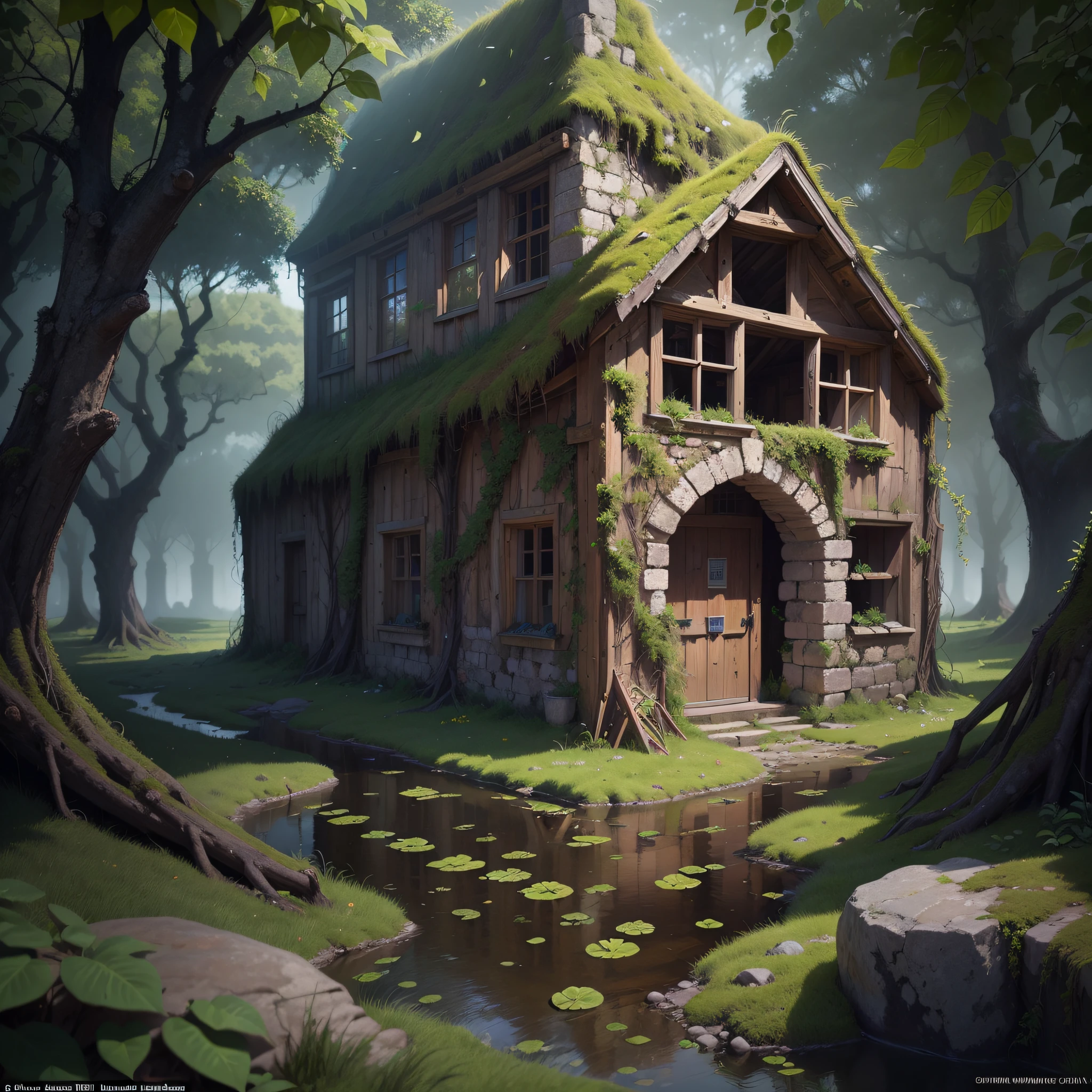 (number々Award-winning masterpieces of, with incredible detail, textures and maximum detail), (an ultra realistic:1.4), (Realistic:1.3), (best quality real texture skin), (Several medieval huts built illegally parasitically in a forgotten and deserted medieval castle), (With the remains of a medieval fort covered in moss and ivy), There are some slightly crumbling huts), (medieval architecture that is returning to nature), (Eroded by clear water), (Tree roots, ivy plants and beautiful plants crawling on stone walls), (Partially collapsed buildings: 0.6)
