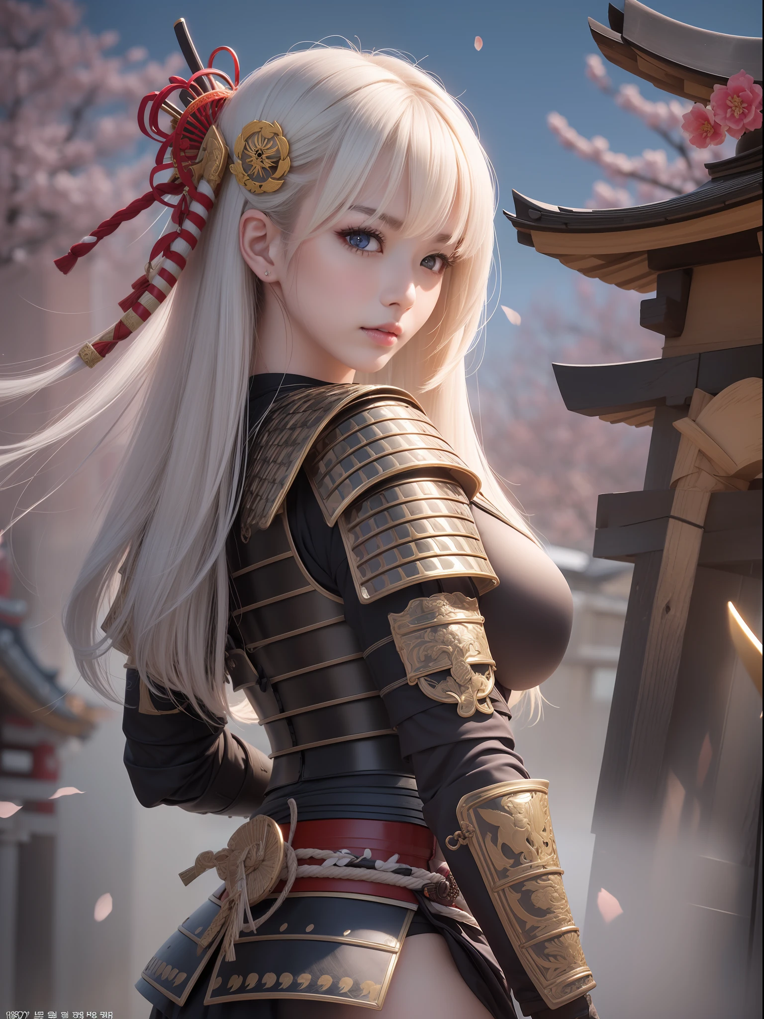 masterece-piece, the best qualityt, (((Realstic、photorealestic:1.37))), ((独奏)), 8K image quality , extremelydelicateandbeautiful, splendid, Official art with attention to detail, Unbelievably ridiculous, huge filesize, Ultra Verbose, extremely detaild, (Pretty girl), (detailed girl), Detailed eyes and face, Beautiful detailed eyes, Light makeup, (1 girl), (Perfect female figure), Large breast, Slim waist, large ass, (Korean beauty), ((fully body)), With bangs, ((Samurai Japan Woman)), ((Japan ebony armor)), (Detailed Japan armor), (18 age), ((Samurai Japan Woman)), ((Japan ebony armor)) , Wakizashi, (Detailed Japan armor), ((Overexposure)), Shrines and temples,