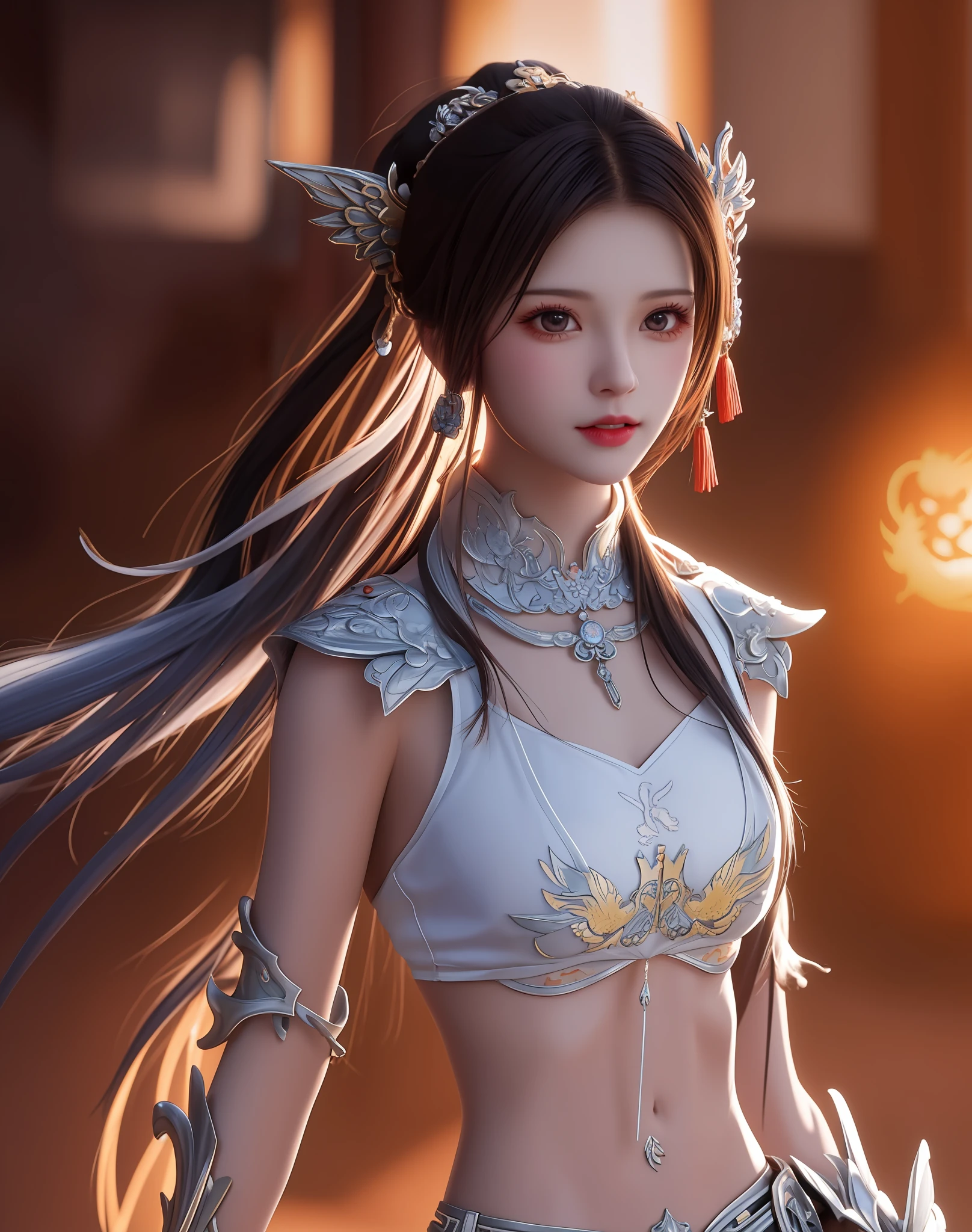 best quality, masterpiece, high resolution, 1girl, ancient chinese battlefield background, metal armor, metal collar, hair accessory, necklace, jewelry, beautiful face, upon_body, tyndall effect, realistic, dark studio, edge lighting, duotone lighting, (high detail skin:1.2), 8k ultra hd, dslr camera, soft lighting, high quality, volumetric lighting, frank, photos, high resolution, 4k, 8k, bokeh, silver white bikini armor, chest embroidered phoenix, Metal cuirass, tight fit, ponytail, bare arms, exposed abdomen, weapons, short bracers, stockings