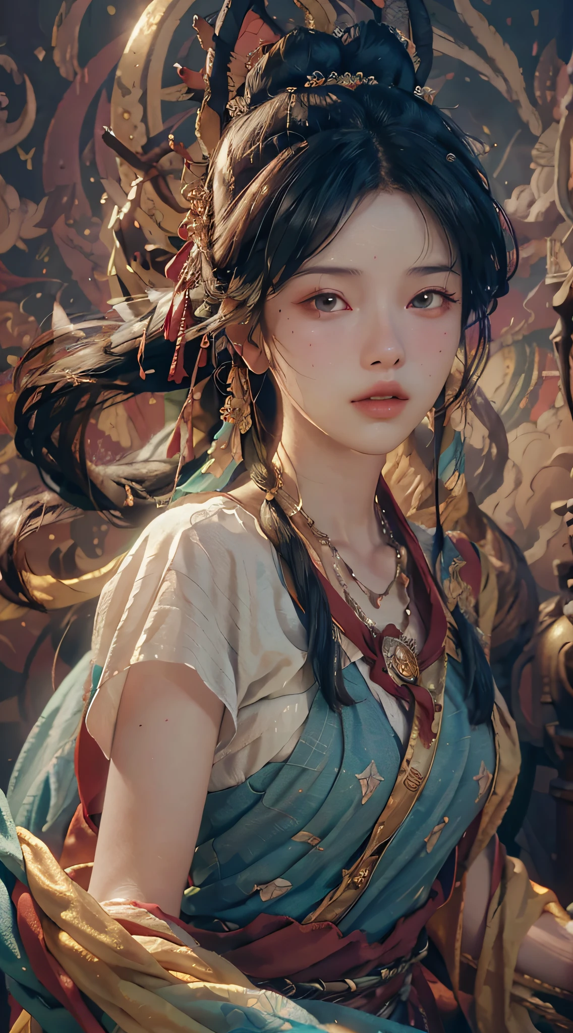 (RAW photo, best quality), (realistic, photo-realistic:1.3),best quality,highly detailed,masterpiece,ultra-detailed,illustration,1girl,upper_body,dynamic angle,world masterpiece theater,messy_long_hair,best quality,extremely detailed CG unity 8k wallpaper,ink,Amazing,cinematic lighting,lens_flare, dunhuang_style