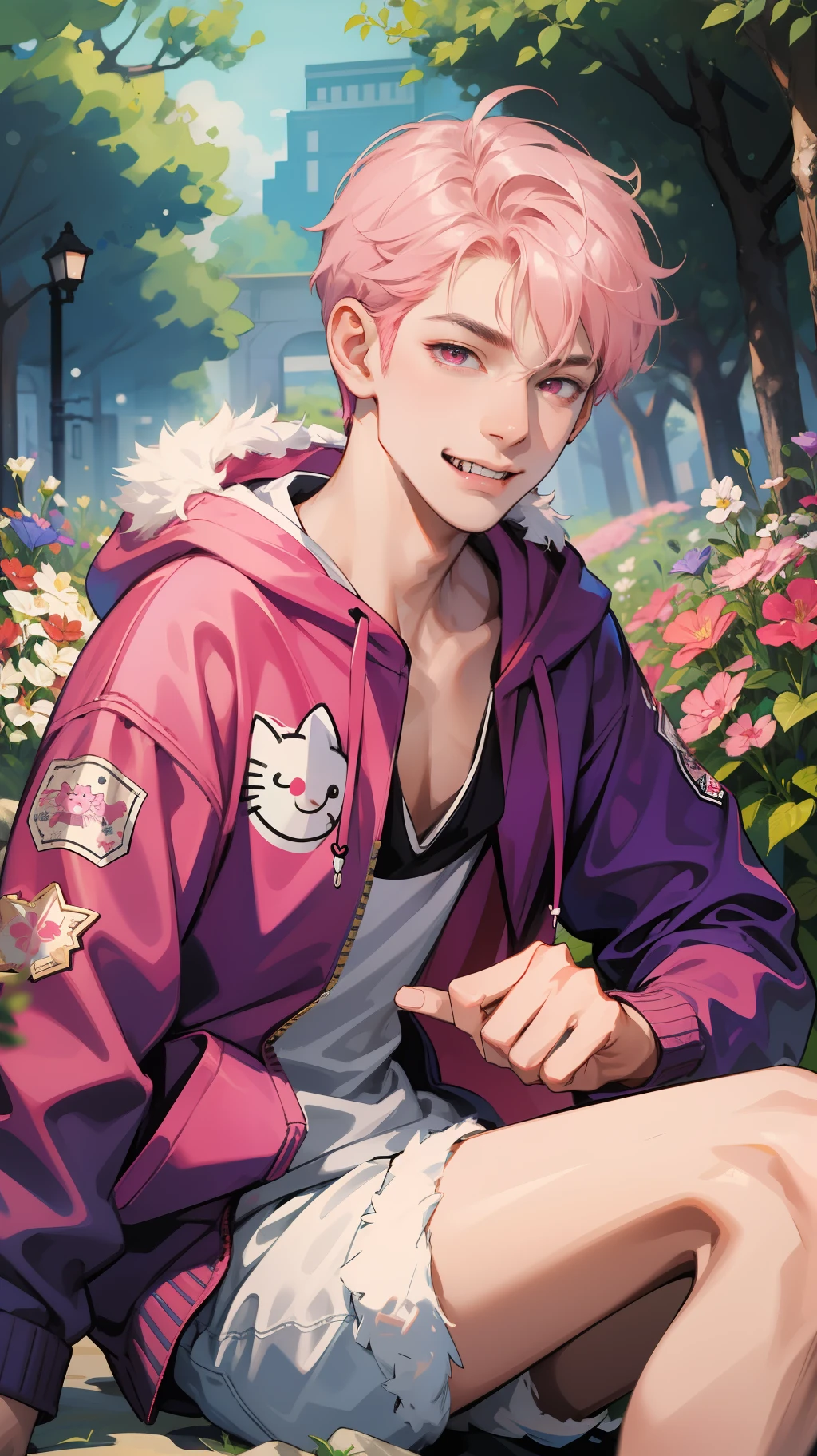 Absurdres, intricate details, masterpiece, best quality, ultra high res, 8k, 1boy, male, big hoodie, skinny, slender, white shiny skin, light smile, big pink eyes, eye reflections, short pink hair, outdoor, hello kitty, adorable scenery, (sharp fangs:1), fur trimmed hoodies