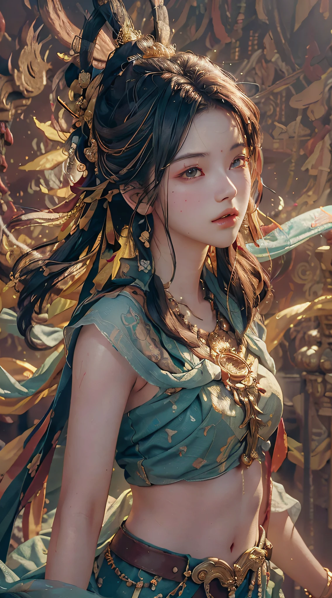 (RAW photo, best quality), (realistic, photo-realistic:1.3),best quality,highly detailed,masterpiece,ultra-detailed,illustration,1girl,upper_body,dynamic angle,world masterpiece theater,messy_long_hair,best quality,extremely detailed CG unity 8k wallpaper,ink,Amazing,cinematic lighting,lens_flare, dunhuang_style