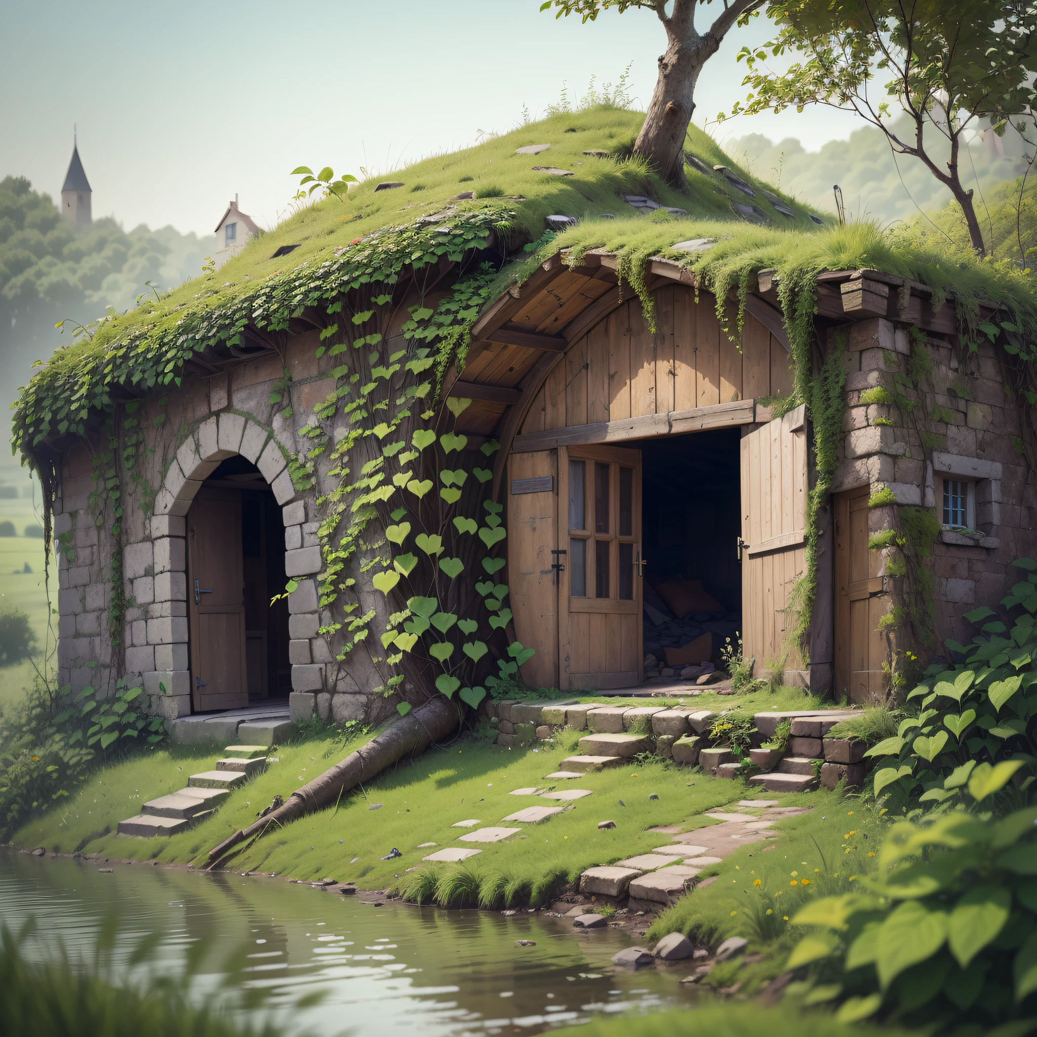 (number々Award-winning masterpieces of, with incredible detail, textures and maximum detail), (an ultra realistic:1.4), (Realistic:1.3), (best quality real texture skin), (There are several medieval huts built illegally and parasitically in a forgotten and desolate medieval fort), (With the remains of a medieval fort covered in moss and ivy), There are some slightly crumbling huts), (medieval architecture that is returning to nature), (Eroded by clear water), (Tree roots, ivy plants and beautiful plants crawling on stone walls), (Partially collapsed buildings: 0.6)